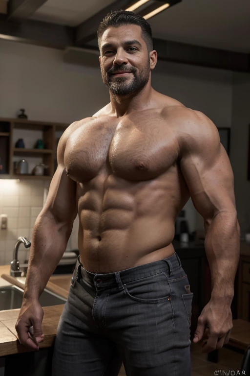 hombre musculoso salvaje, (40 year old daddy:1.1), 1 chico, Solo, (vistiendo una camisa a cuadros roja afuera), (camiseta gris por dentro), (hombros grandes), musculatura, rastrojos, barba corta, ojos bonitos:1.3, ), (cara detallada:1.3), smiles, dynamic angle, volumetric lighting, (mejor calidad, A high resolution, fotorrealista), cinematic lighting, Obra maestra, foto cruda, detalles intrincados, hdr, cuerpo completo, Big muscular body, Big Bubble butt, shirtless, Gray black jeans back view