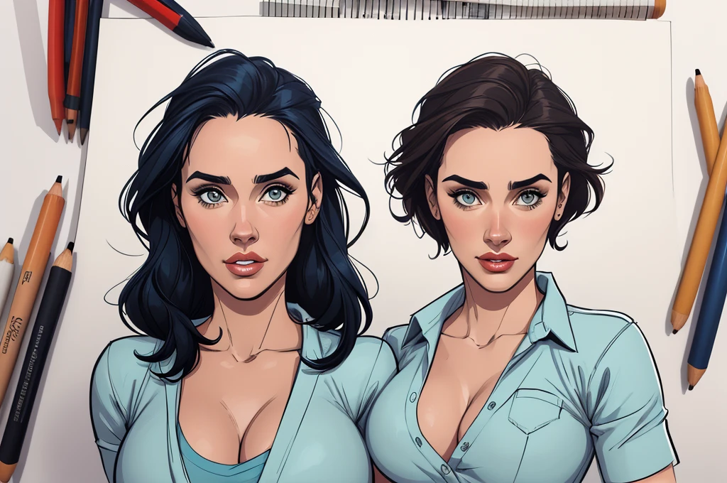 estilo de desenho animado:1.2),together the two monica Bellucci and Jennifer Connelly brazilian woman draw ART Artline white background woman Cartoon image of a woman , roupas sensuais , garota super valente destemida , cartoon style illustration, estilo de arte dos desenhos animados, estilo de arte dos desenhos animados, digital illustration style, design de personagens altamente detalhado, arte digital detalhada fofa, City fan art, design de personagem retrato, beautiful digital illustration, retrato de alta qualidade, arte em quadrinhos, retrato do design do personagem, white background Busty without clothes and medium breasts female character cartoon style dressed in Fallout 4 uniform together the two Monica Bellucci and Jennifer Connelly 