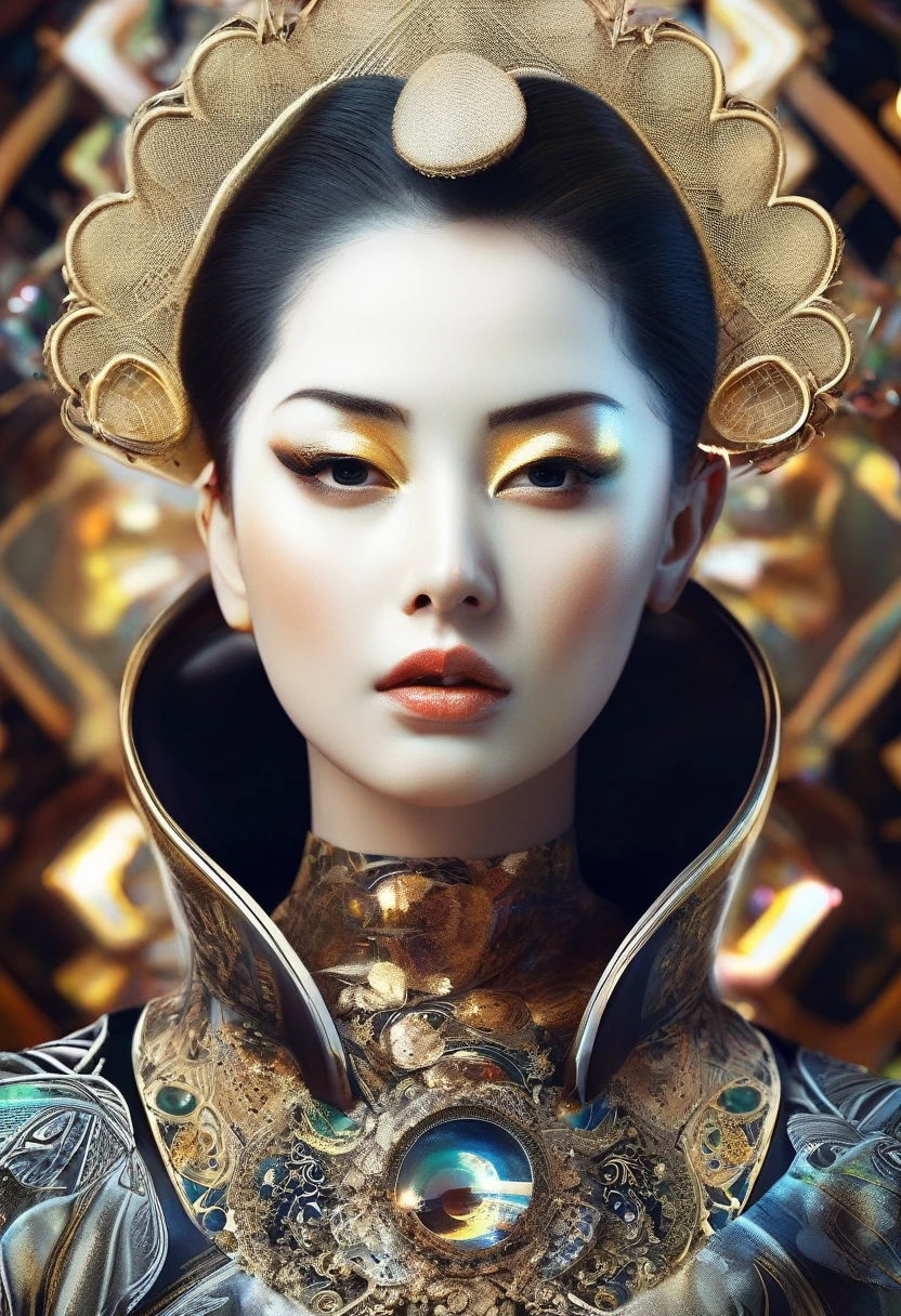 Detailed hyperrealism genetics bio-fi geisha transcendence belle Navigator, extraterrestre mujer hermosa, Moda apical, sombreado facial perfecto, aesthetics, revestimiento de cobre negro vanta claro, brillo dorado ardiente, conectando el cabello que fluye brillante, QR code glyphs, radioactive prismatic molecules., suaves pinceladas impresionistas, color sublime sutil, textura de lienzo, cosecha apretada, colores apagados, Pintura de retrato, action pose, Llena toda la imagen, ricos hiper detalles, Vivid global light, 3D impecable 8K elegante, Perfect composition of the inventor., sombreado de sombras impresionante y realista, Oh!, profesional ominoso arte conceptual, un intrincado, elegant, pintura digital muy detallada, arte conceptual, semillas, sharp focus, illustration, al estilo de Jackson Pollock