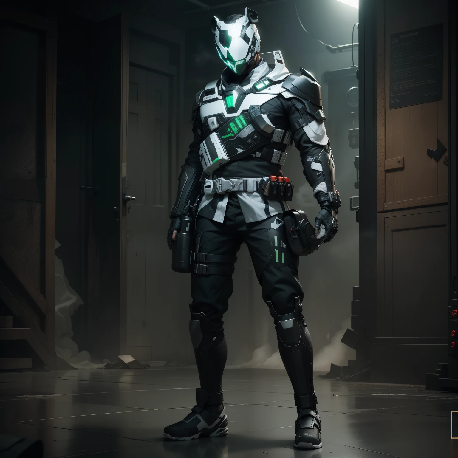 in style, create an absolutely identical model from the source, keep the green color, keep the black color, keep the gray color, don’t change the details of the mask on the face, don’t change the details of the head, don’t change the details of the face, keep the eye shape of the mask, keep the white inserts, keep the metal inserts, don’t change the white colors, don’t change the white inserts, don’t change the green colors does not change the green inserts do not change the face mask do not change the head mask save hold the black and white color similar strictly strictly do not change the mask full copy detailed detailed colors redrawing from the source save the teddy bear toy on the belt realistic Ultra quality 8k