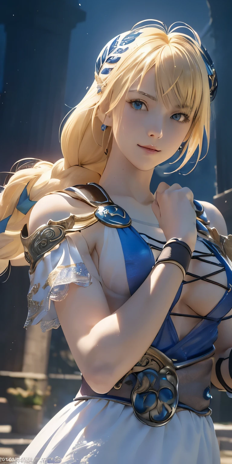 (masterpiece, best quality:1.3), Sophitia Alexandra, Soul Calibur, (upper body:1.5), anime, intricate detail, japanese style, 28 years old, look at viewer, gold hair, braid hair, (ruins blessed by the god Hephaestus, filled with a mystical air, stars spread out in a mysterious arrangement in the dark midnight:1.2),