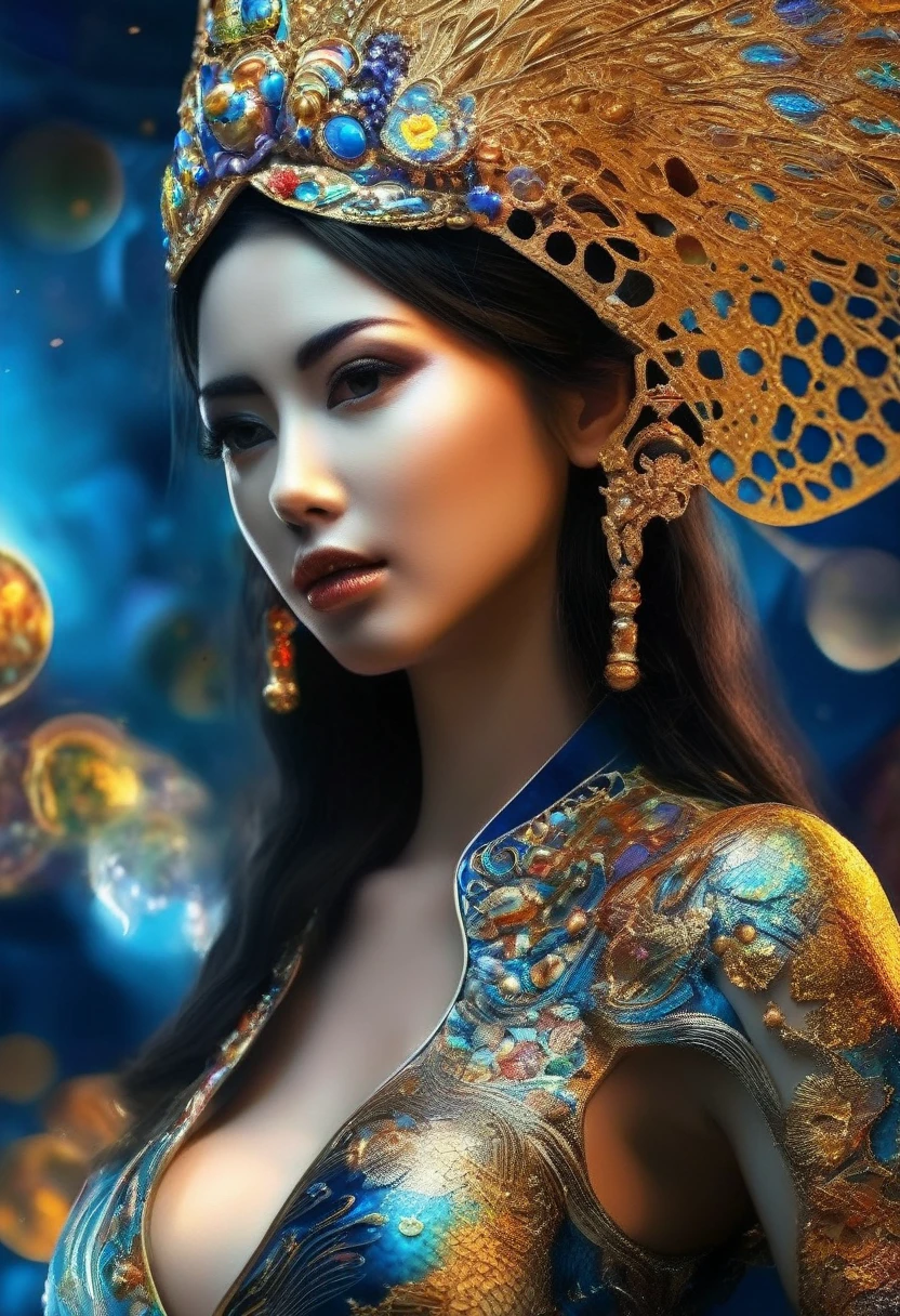 Detailed hyperrealism genetics bio-fi geisha transcendence belle Navigator, extraterrestre mujer hermosa, Moda apical, sombreado facial perfecto, aesthetics, revestimiento de cobre negro vanta claro, brillo dorado ardiente, conectando el cabello que fluye brillante, QR code glyphs, radioactive prismatic molecules., suaves pinceladas impresionistas, color sublime sutil, textura de lienzo, cosecha apretada, colores apagados, Pintura de retrato, action pose, Llena toda la imagen, ricos hiper detalles, Vivid global light, 3D impecable 8K elegante, Perfect composition of the inventor., sombreado de sombras impresionante y realista, Oh!, profesional ominoso arte conceptual, un intrincado, elegant, pintura digital muy detallada, arte conceptual, semillas, sharp focus, illustration, al estilo de Jackson Pollock, 32k