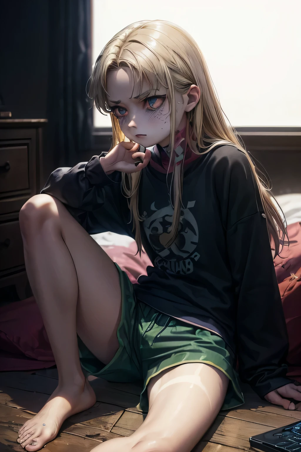 (((young woman with fair skin, tan lines: 1.3)), , freckles on her face, freckles, blue eyes, long hair, messy hair, blond hair, blond hair, blond hair, happy, well dressed , tired face, tired eyes, dark circles, NEET girl, close-up, face only, (NEET outfit, sleep shorts, big top, rock print top), girl, lazy clothes, baggy clothes Messy clothes details, Skin with marks, sitting on the bed, sitting on the bed, cozy bed, background computer, young face highlighting his cute appearance, he is young, around 20 years old, has a green and pointed tip, an intelligent but diminutive and threatening face, night , tonight, messy room, dark room, standing in the room, side view, (Handsome face, normal red nose, face of an adept magician, young face), The color palette is dominated by earth tones, (ultra -detailed: 1.3), beautiful detailed glow, finely detailed, (dynamic pose: 1.0) , (centered, scale to fit dimensions, general rule of thirds) , ((dark room, light computer, messy room, trash on the floor) ), setting: 1.25, complex setting, ((dark room)), decorations (clothes on the floor)), high resolution, sharp focus, (ultra detailed, extremely detailed), (photorealistic art: 1, 37), (extremely detailed 8k CG unity wallpaper), (((dark colors, moody subject))), (intricate), (art), (best quality), Art photography, (photograph taken by sldr), (complex background), perfect rendered face, perfect face details, realistic face, realistic photo, ((intricate details)),(((realism))