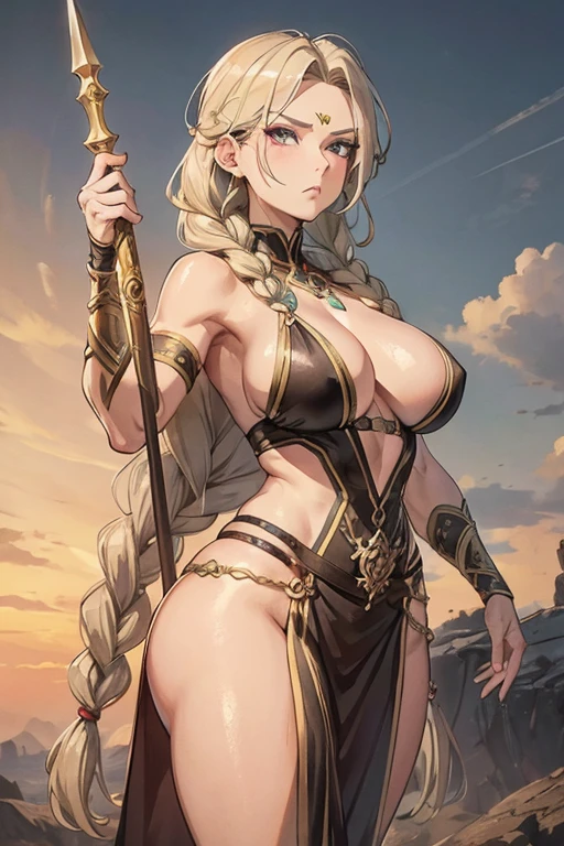 milf amazon woman with a greyish blond thick plait braid hairstyle holding a spear, toned body, triangular face, pronounced cheekbones, fierce face, standing tall