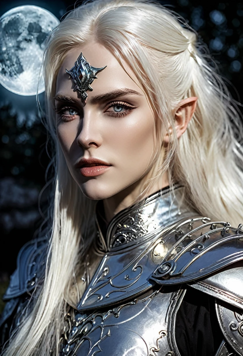 Everquest evil elf ,white eyebrows, eyelashes, curved mouth expression, smooth skin, long luscious platinum blonde hair, long detailed goatee, full detailed body, detailed black red white Warrior Necromancer armor, fantasy two handed claymore, fantasy dnd at night full moon light