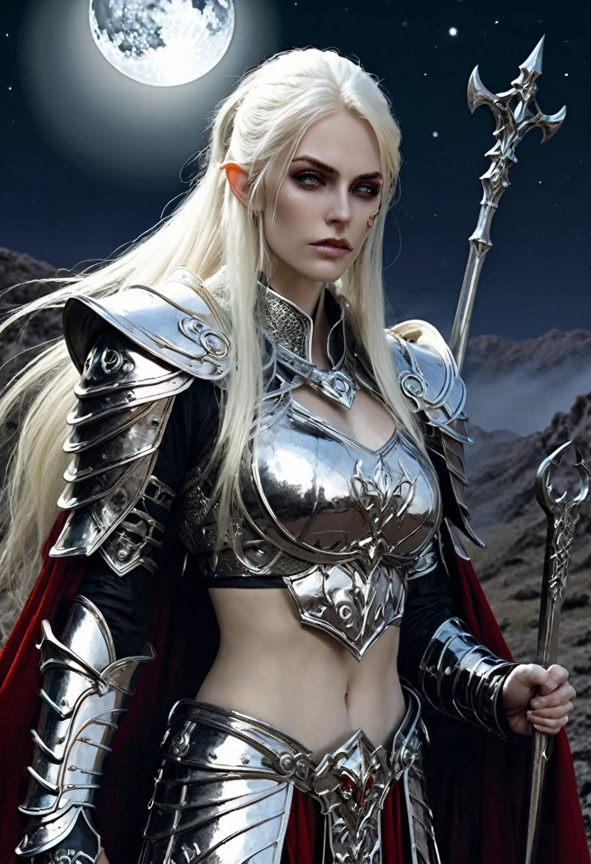 Everquest evil elf ,white eyebrows, eyelashes, curved mouth expression, smooth skin, long luscious platinum blonde hair, long detailed goatee, full detailed body, detailed black red white Warrior Necromancer armor, fantasy two handed claymore, fantasy dnd at night full moon light