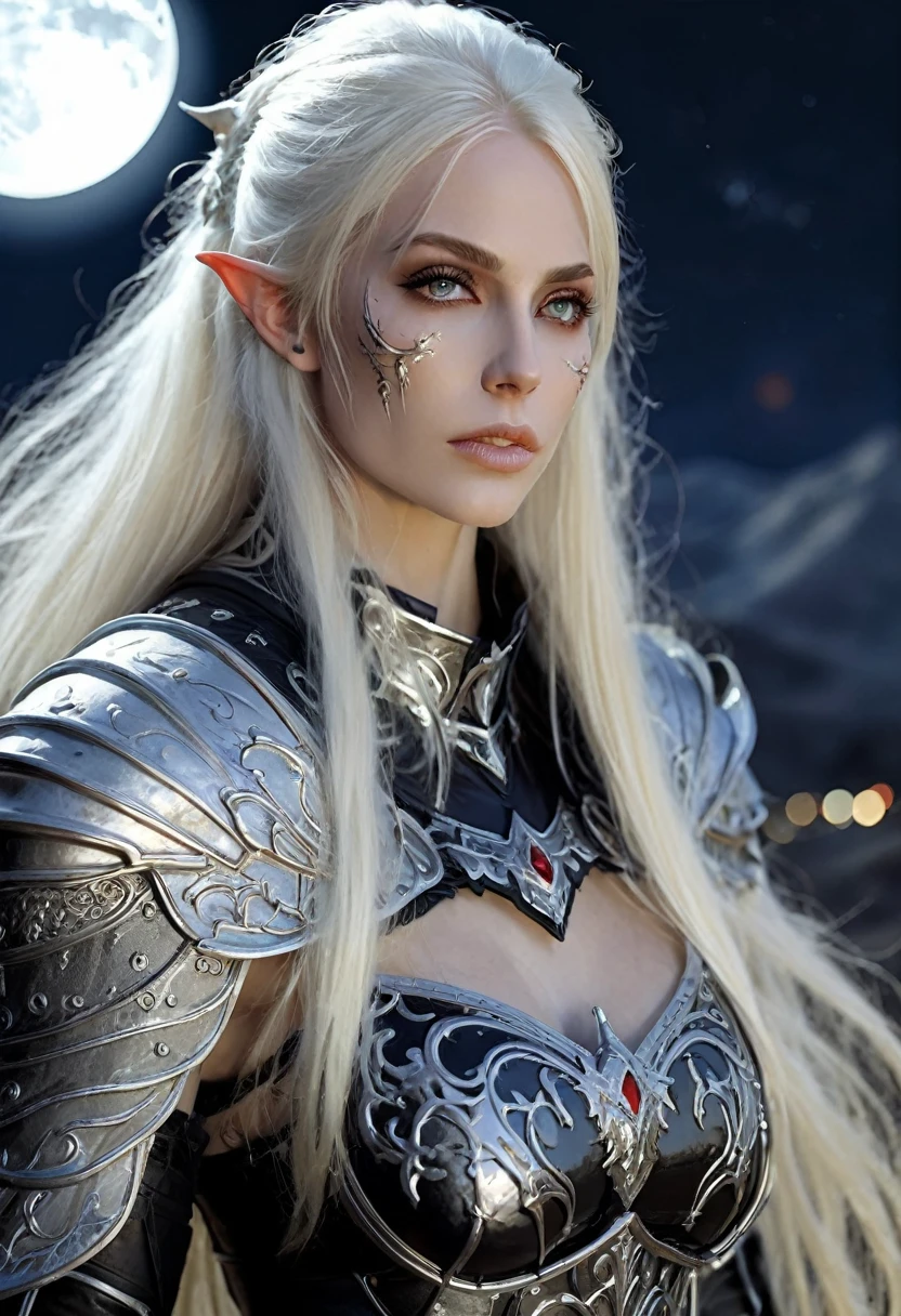 Everquest evil elf ,white eyebrows, eyelashes, curved mouth expression, smooth skin, long luscious platinum blonde hair, long detailed goatee, full detailed body, detailed black red white Warrior Necromancer armor, fantasy two handed claymore, fantasy dnd at night full moon light