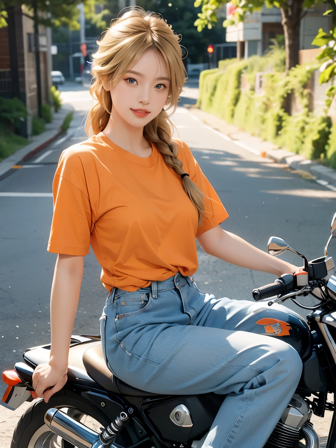 (masterpiece:1.3), (8k, Realistic, RAW Photos, highest quality:1.4), (Realistic face), (Blonde, Braided hair:1.3), Beautiful hairstyle, Realistic eyes, Beautiful small blue eyes, (Realistic skin), (Beautiful Skin), (((Riding a motorcycle outdoors))), charm, Ultra-high resolution, Surreal, Golden Ratio, Long limbs、((smile)), ((full body shot)), ((((Orange short sleeve shirt))))、((Jeans and sneakers))