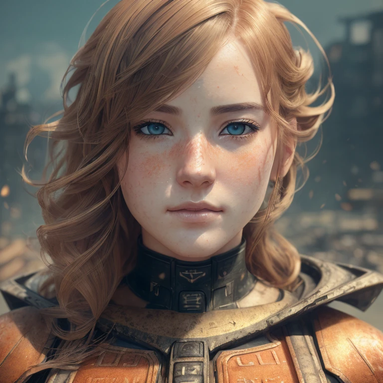 a beautiful woman, orange eyes, (blush nose), detailed eyes, cinematic, drawn by Greg Rutkowski, Yoji Shinkawa: 0.6long curly orange hair, defined body, wearing detailed Victorian-era armor (((super strong)), masterpiece, best quality, ultra-detailed, ground, destroyed city background, shadows, contrast, gray sky, style (look at viewer: 1.2) (skin texture) (film grain: 1.3), ultra-high resolution, octane render, 16k