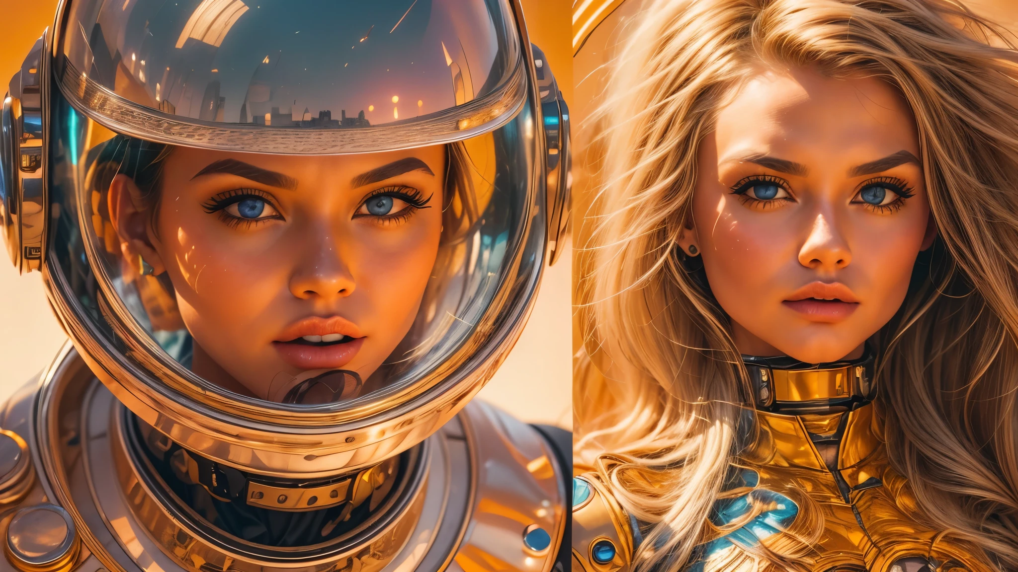 arafed image of a white woman in a futuristic suit with a spaceship in the background, movie art, in front of an orange background, inspired by Robert McGinnis, female protagonist, megastructure in the background, portrait of an ai astronaut, astronauts, an astronaut, portrait of a astronaut skeletor, perfect android girl, detailed eyes, perfectly detailed teeth, frank franzzeta and sakimichan  