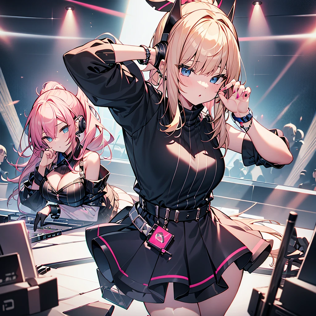 highest quality、masterpiece、4K、Blonde、Long ponytail、Slanted Eyes、blue eyes、Thick eyeliner、Pink lipstick、Gal、pink off shoulder clotheoe sleeves、Cleavage、Have many ear piercings、bracelet、Lots of accessories、Headphones、big breasts、short black skirt、Knee-high boots、A girl playing DJ、neon、Accurate Fingers、red nails、Nightclub