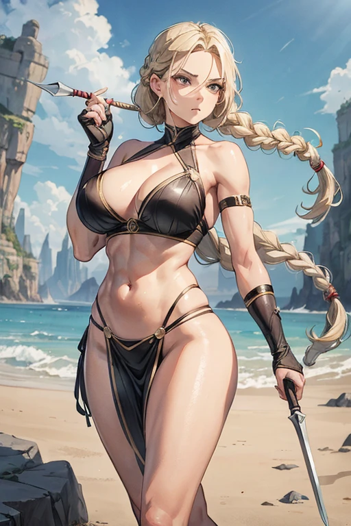 amazon woman with a greyish blond thick plait braid hairstyle holding a spear, toned body, triangular face, pronounced cheekbones, fierce face, standing tall