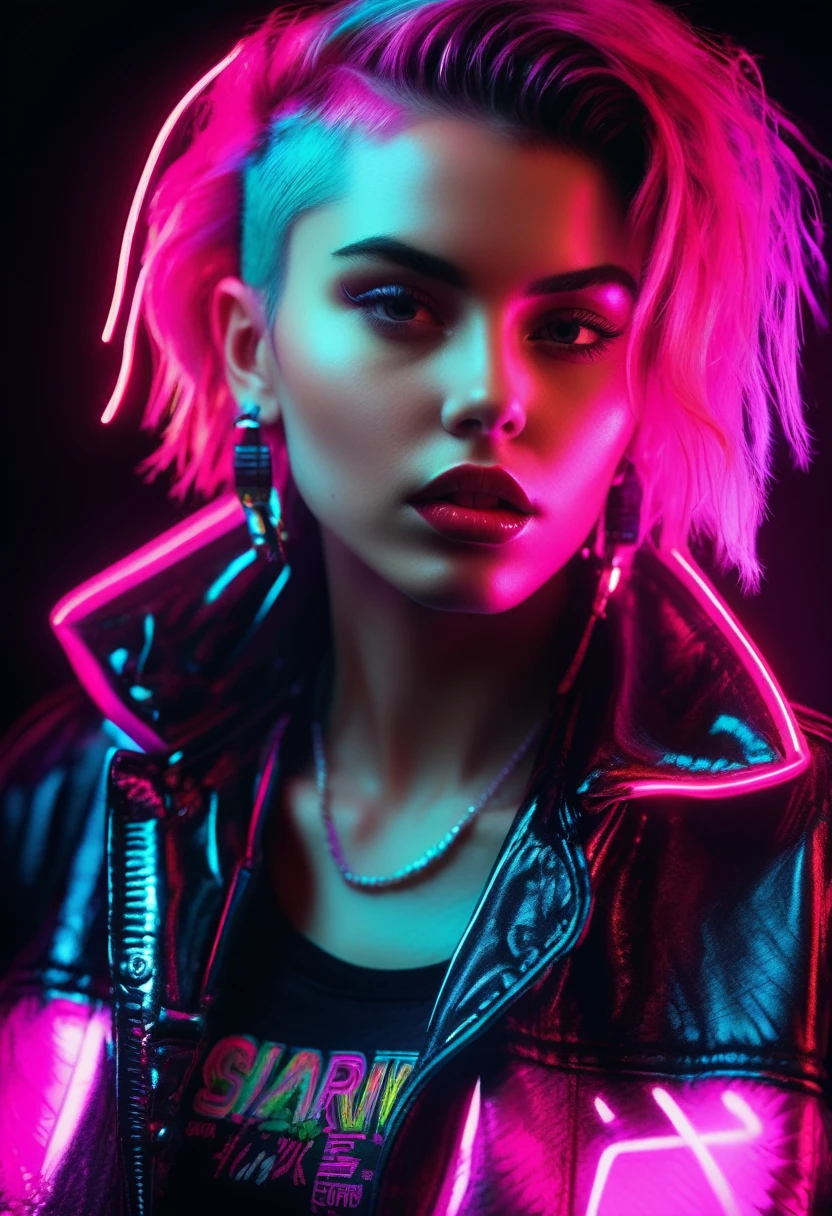 close-up beautiful young punk rock woman very detailed and sharp, with a strawberry in her mouth, in color, retro neon synth wave with letters, illuminating the face and body with magenta neon lights subtly, black background, very detailed, 32k, sharp focus, masterpiece
