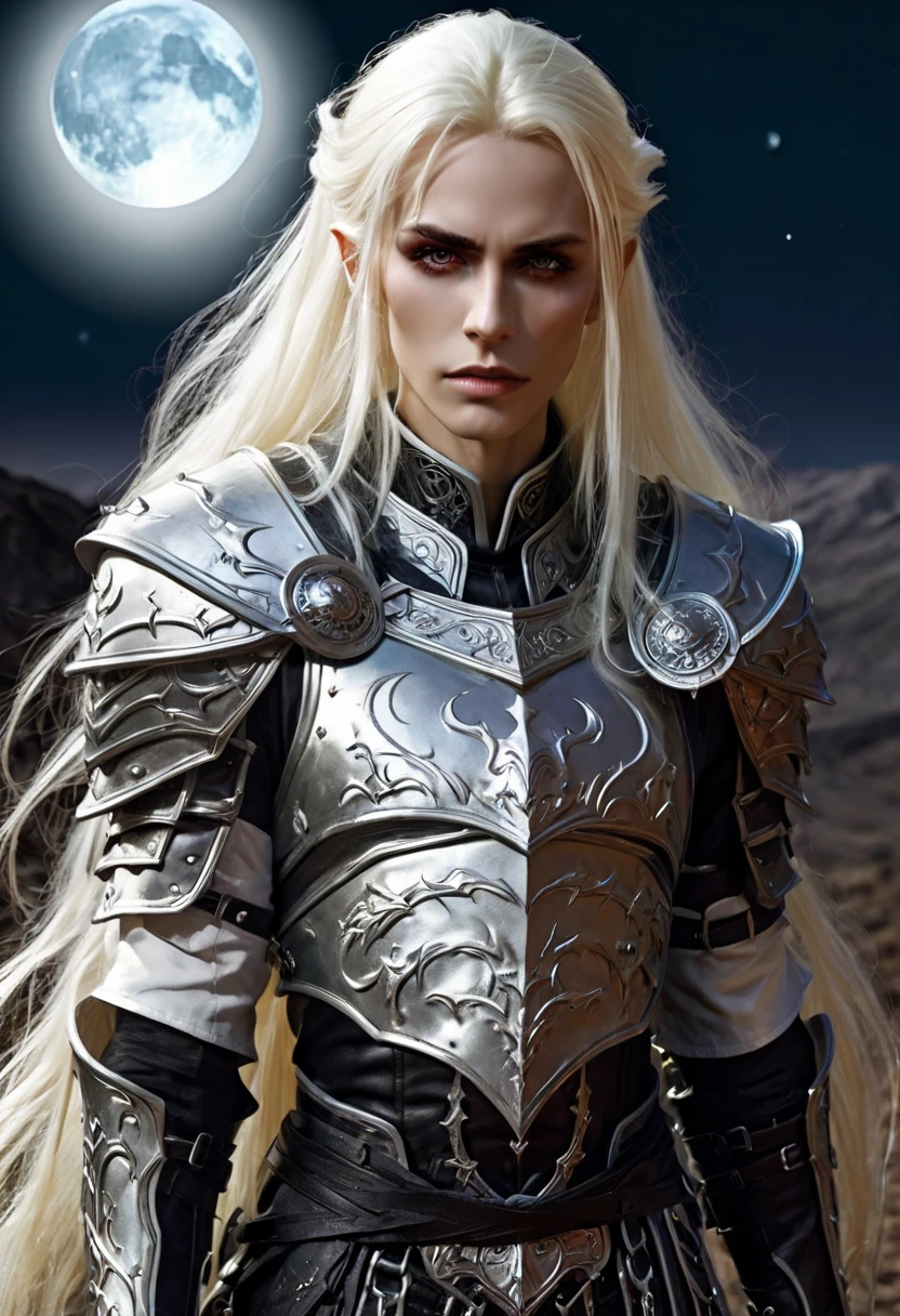 Everquest evil elf ,white eyebrows, eyelashes, curved mouth expression, smooth skin, long luscious platinum blonde hair, long detailed goatee, full detailed body, detailed black red white Warrior Necromancer armor, fantasy two handed claymore, fantasy dnd at night full moon light