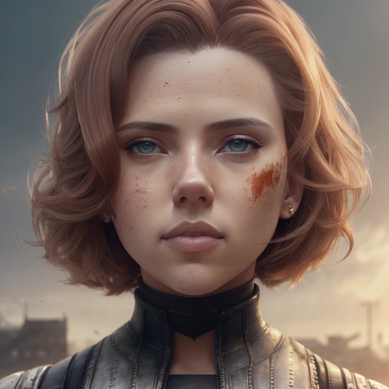 Scarlett Johansson, a beautiful woman, orange eyes, (blush nose), detailed eyes, cinematic, drawn by Greg Rutkowski, Yoji Shinkawa: 0.6long curly red hair, defined body, wearing detailed Victorian-era armor (((super strong)), masterpiece, best quality, ultra-detailed, ground, destroyed city background, shadows, contrast, gray sky, style (look at viewer: 1.2) (skin texture) (film grain:  1.3), ultra-high resolution, octane render, 16k