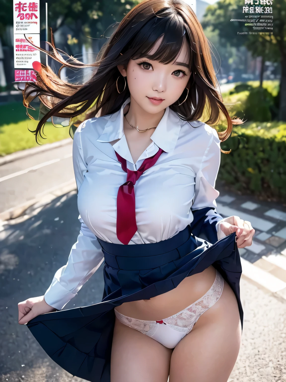 ((SFW、master piece、best quality、muste piece、highest quality、highest level、Highest image quality))、(Magazine Cover)、(1 Asian Woman)、A very beautiful and charming 18 year old woman、beautiful light brown hair、intense black eyes、strong eye highlights、very big breasts、lip gloss、(cute:1.2)、(high detail skin: 1.2)、perfect anatomy、smile、((Red Ribbon Tie、Japanese girls' high 、Dark blue long-sleeved jacket、white shirt、navy blue flare skirt))、((Camera angle looking up from slightly below the front))、(skirt lift)、(grab the skirt、accurate hands、5 fingers)、((The wind flips up the skirt and reveals the panties.))、((skirt lift、white panties、shiny thighs))、Pretty underwear、((detailed white color panties))、from below、((from the front))、Angle from feet、Angle from below、((Angle looking up from below、showing off crotch))、soft backlight、soft light、Soft natural lighting、Daytime street、