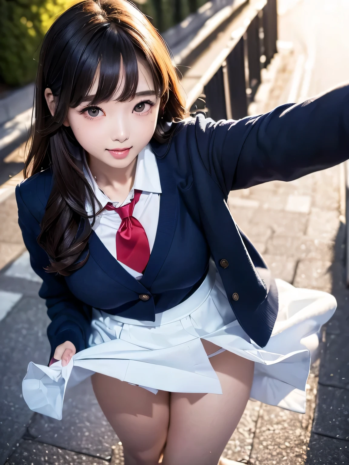 ((SFW、master piece、best quality、muste piece、highest quality、highest level、Highest image quality))、(Magazine Cover)、(1 Asian Woman)、A very beautiful and charming 18 year old woman、beautiful light brown hair、intense black eyes、strong eye highlights、very big breasts、lip gloss、(cute:1.2)、(high detail skin: 1.2)、perfect anatomy、smile、((Red Ribbon Tie、Japanese girls' high 、Dark blue long-sleeved jacket、white shirt、navy blue flare skirt))、((Camera angle looking up from slightly below the front))、(skirt lift)、(grab the skirt、accurate hands、5 fingers)、((The wind flips up the skirt and reveals the panties.))、((skirt lift、white panties、shiny thighs))、Pretty underwear、((detailed white color panties))、from below、((from the front))、Angle from feet、Angle from below、((Angle looking up from below、showing off crotch))、soft backlight、soft light、Soft natural lighting、Daytime street、