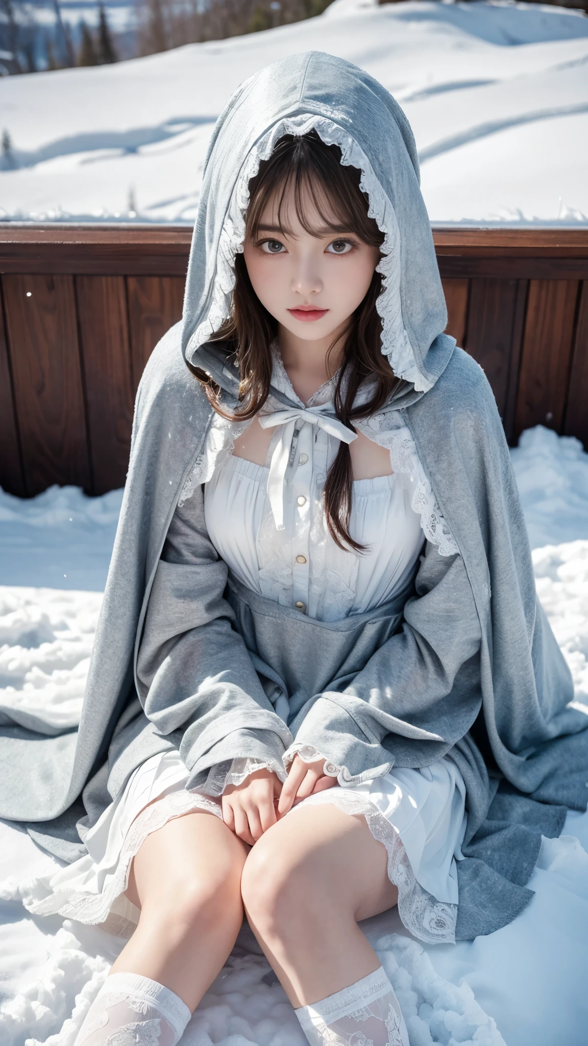 (8k, RAW photos, Best quality, masterpiece:1.2),(Realistically, Shoot real:1.4)
ta clothing,Lace, Iris Gainsborough, sit on the floor,(Cloak,external,Covered with snow,Snowfield) high quality, High Detail Skin, Looking at the audience,