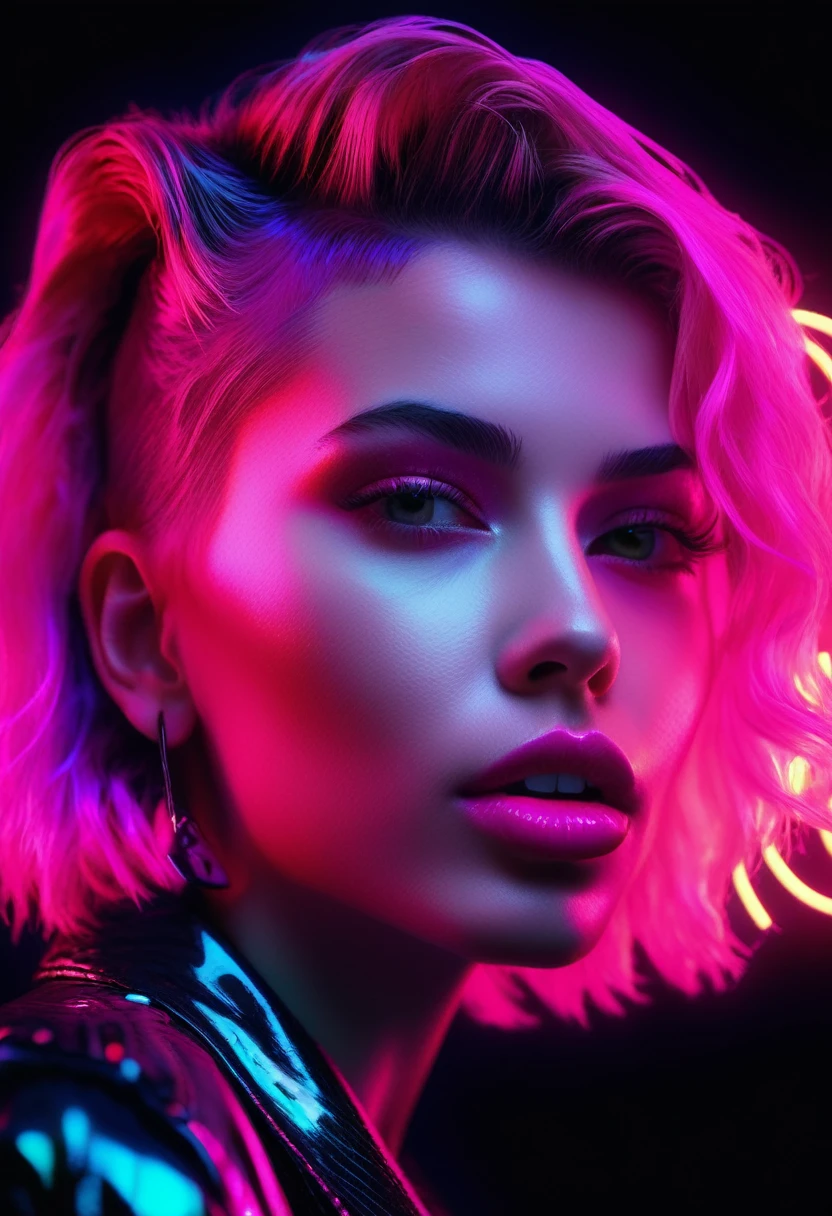 close-up beautiful young punk rock woman very detailed and sharp, with a strawberry in her mouth, in color, retro neon synth wave with letters, illuminating the face and body with magenta neon lights subtly, black background, very detailed, 32k, sharp focus, masterpiece