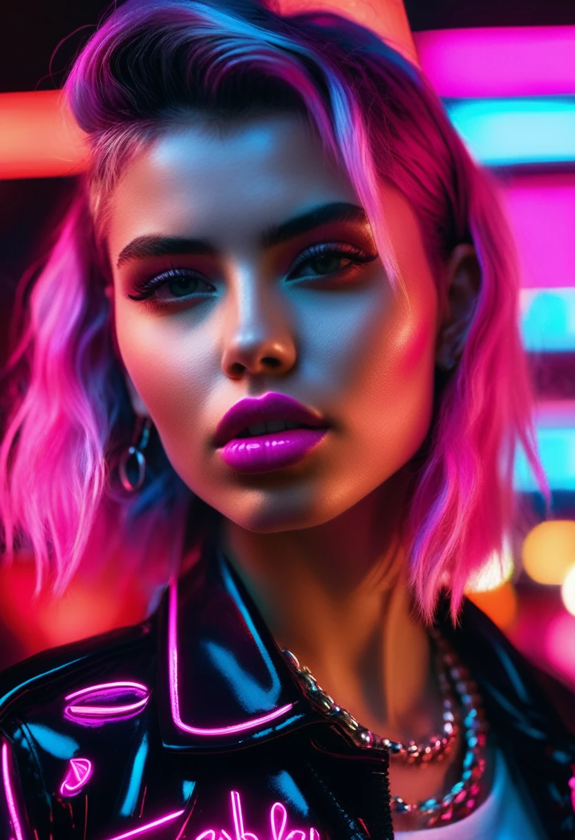 close-up beautiful young punk rock woman very detailed and sharp, with a strawberry in her mouth, in color, retro neon synth wave with letters, illuminating the face and body with magenta neon lights subtly, black background, very detailed, 32k, sharp focus, masterpiece