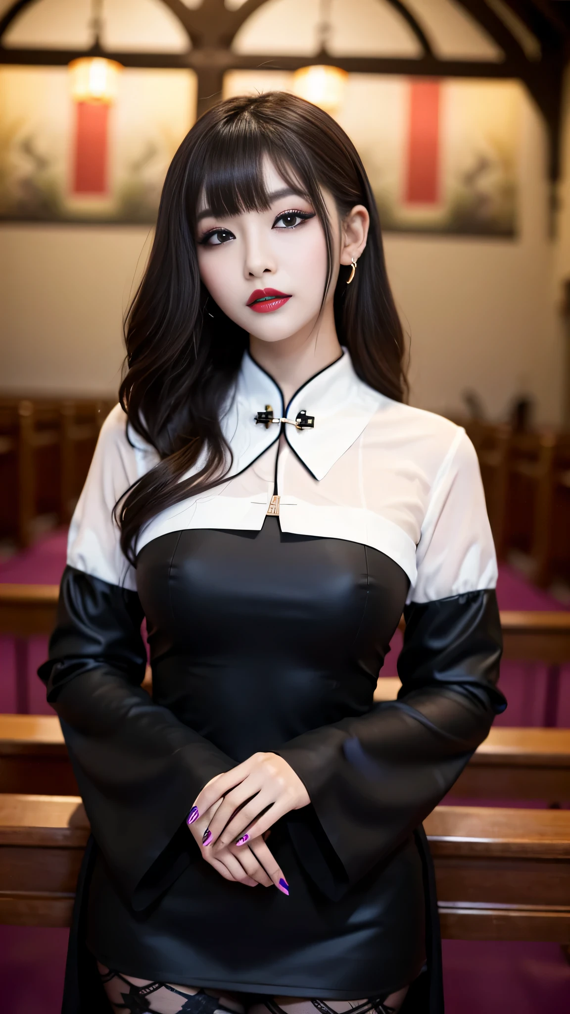 tra-detailed、Japanese、Attractive beauty、seductive adult woman、Pretty Woman、cool girl、brown hair、wavy hair、swept bangs、piercing eyes、hollow eyes、half-closed eyes、Hollow Eyes、Purple Eyeshadow、black lipstick、black lip gloss、dark makeup、smirk、Whisper in my ear、Evil expression、Long Black Cheongsam、Black wide sleeves、pantyhose、Evil cadres、Fallen into evil、brainwash、mind control、evil、Church at night、Swear allegiance、Have lipstick、Are standing