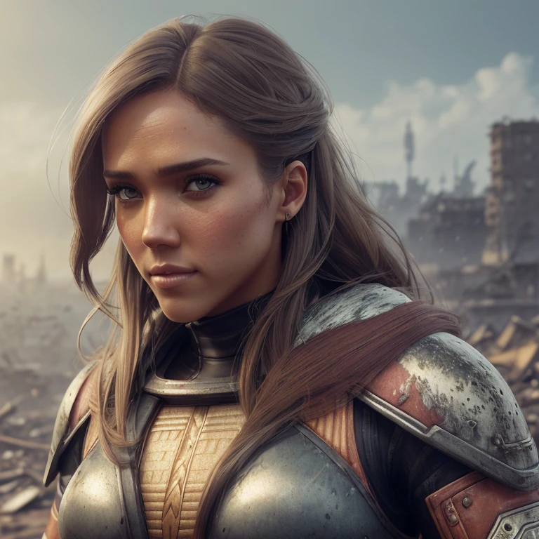 Jessica Alba, a beautiful woman, orange eyes, (blush nose), detailed eyes, cinematic, drawn by Greg Rutkowski, Yoji Shinkawa: 0.6long curly brown hair, defined body, wearing detailed Victorian-era armor (((super strong)), masterpiece, best quality, ultra-detailed, ground, destroyed city background, shadows, contrast, gray sky, style (look at viewer: 1.2) (skin texture) (film grain: 1.3), ultra-high resolution, octane render, 16k