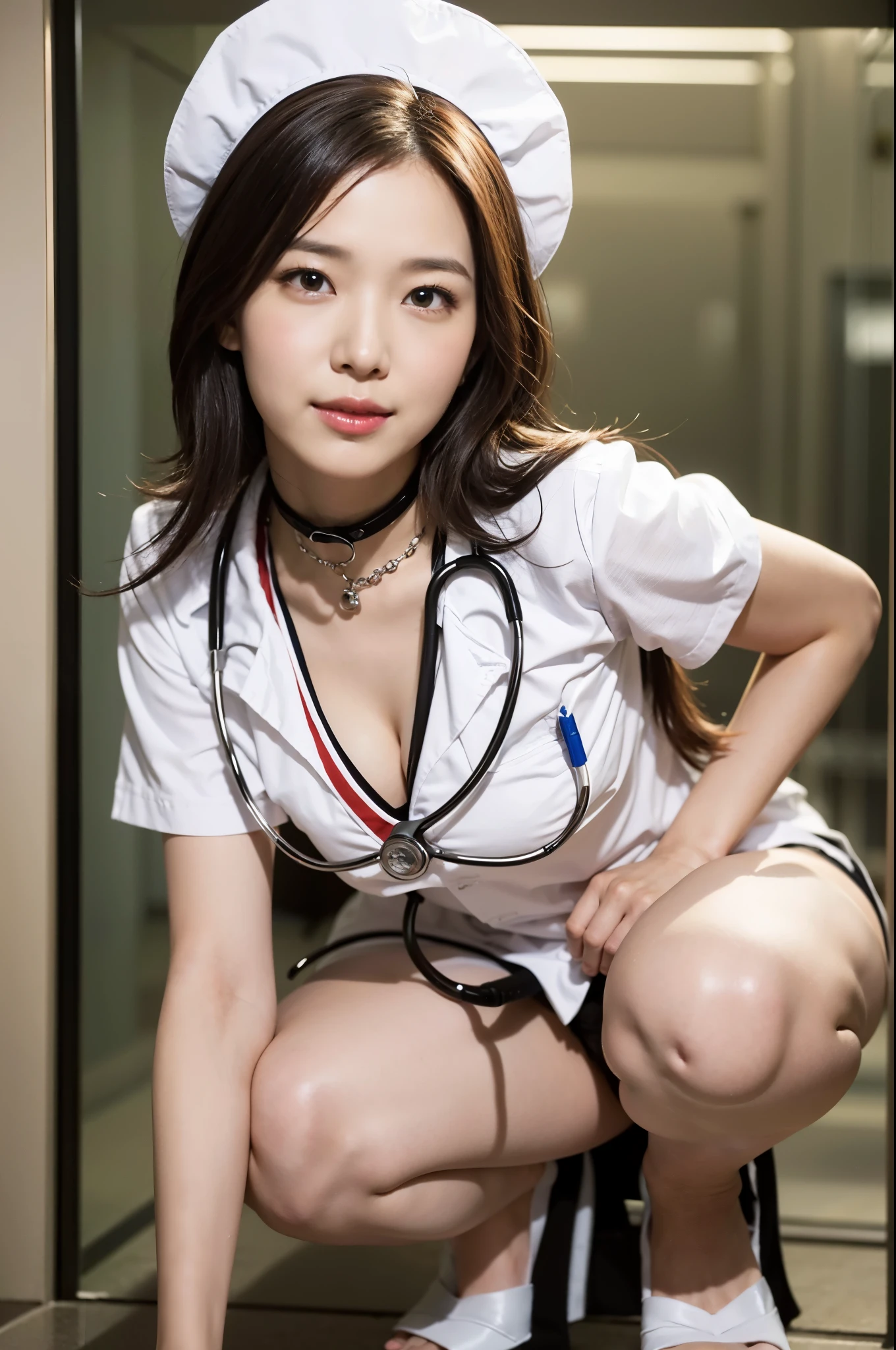 (Top quality、masterpiece、Movie Lighting、)、The sins of Japanese beauties、Glossy reddish-brown shorthair cat、hairpin、Messy hair、Flowing hair、Beautiful face、Laziness、Squat、(Nurse、White Nurse、Nurse hat、Hang the stethoscope around your neck、)、Beautiful smooth breasts、Hourglass figure、Attract the smile of the audience、Looking at the camera、Knock down the photographer,Talk with your crotch、Video from below、Ward、Close Range、Shiny skin、Bold and sexy pose、beautiful fingers、