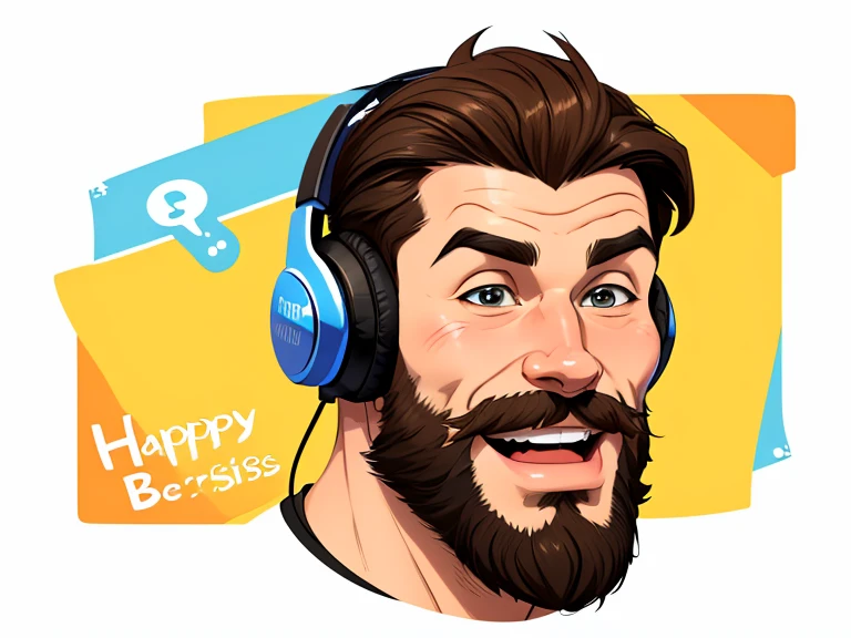 Man with beard Cartoon style digital illustration with happy expression wearing headphones Cartoon style