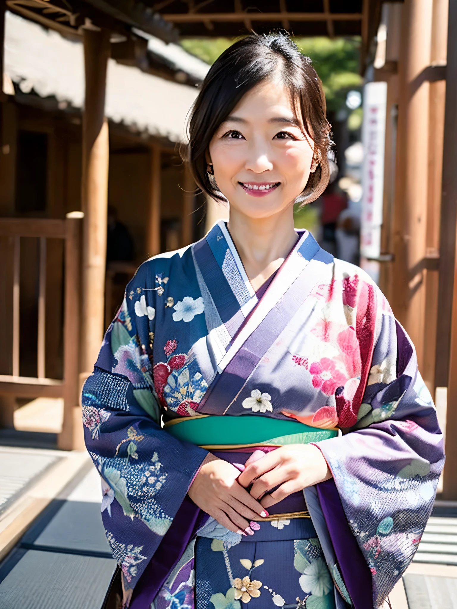 (top quality,masterpiece,ultra-detailed,photo realistic,Textured skin,anatomically correct,1.2),kimono,(45 years old),(Japanese mature woman),Focus on people,detailed face,Natural eyebrows,flat lighting,(1 girl),smile a little,in kyoto,