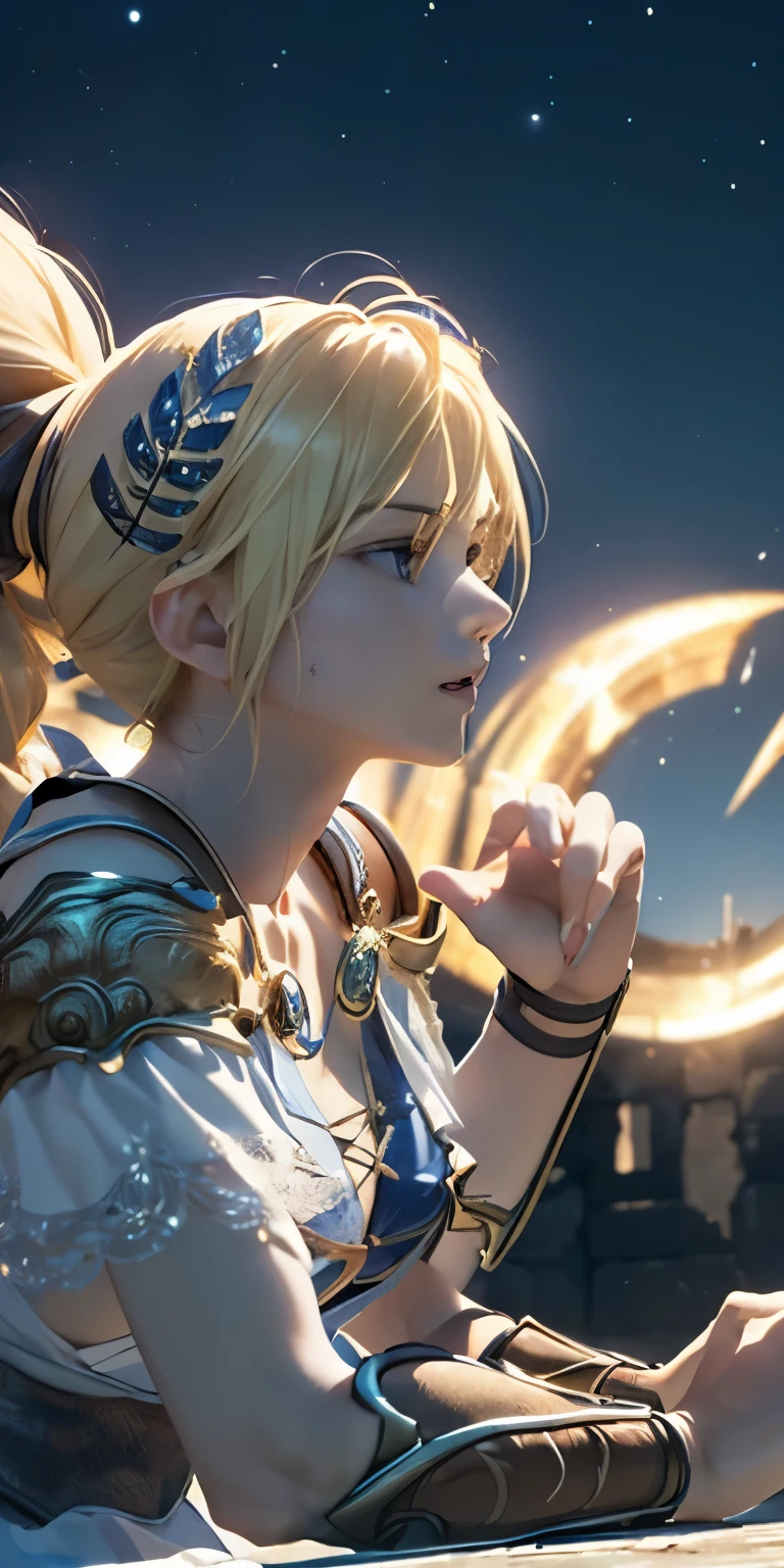 (masterpiece, best quality:1.3), Sophitia Alexandra, Soul Calibur, (dynamic angle:1.5), anime, intricate detail, japanese style, 28 years old, look at viewer, gold hair, braid hair, (ruins blessed by the god Hephaestus, filled with a mystical air, stars spread out in a mysterious arrangement in the dark midnight:1.2),