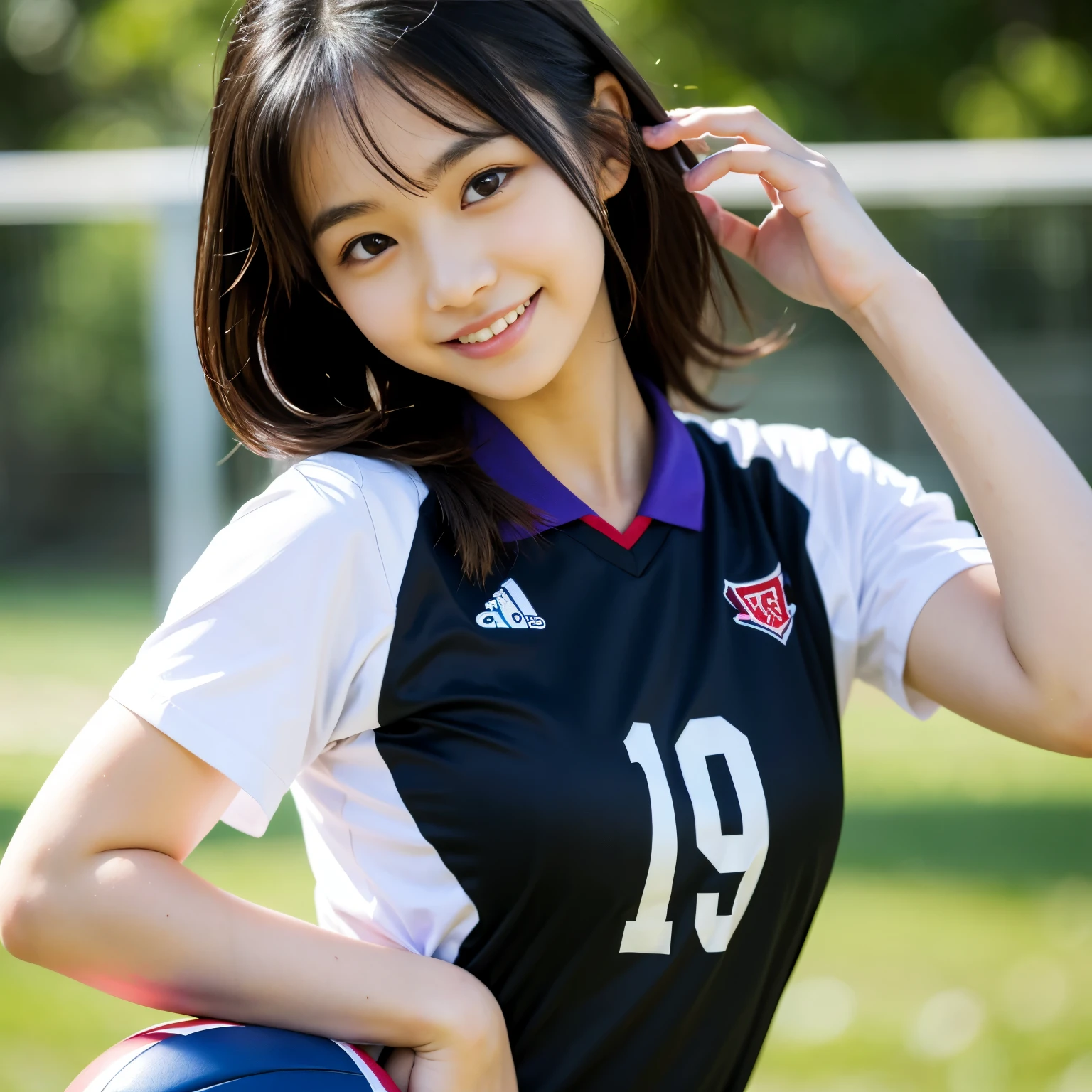 (8K, Raw photo, top-quality, masterpiece: 1.2), masterpiece, super detailing, Ultra-high decomposition energy A, (Realistic and realistic photos: 1.37), high-definition RAW color photography, Very delicate and beautiful., About Igree, 8K Wallpaper, astonishing, detaileds, extremely detailed eye, highlydetailed skin, extremely detailed fingers, highly detailed nose, highly detail mouth, perfect anatomia,1girll, (Soccer Uniforms), hazy, blured background, Blurred foreground, blush, braid, pectoral muscles, depth of fields, eyebrows visible through hair, Frild, hair between eye, Soccer Field、 Soccer Balls、Navel out、goal、Short hair, Solo, Colossal tits、乃木坂アイドル、韓国アイドル、hposing Gravure Idol、 Star、18year old、tall、韓国アイドル、乃木坂アイドル、 Star、hposing Gravure Idol、((full body Esbian)),