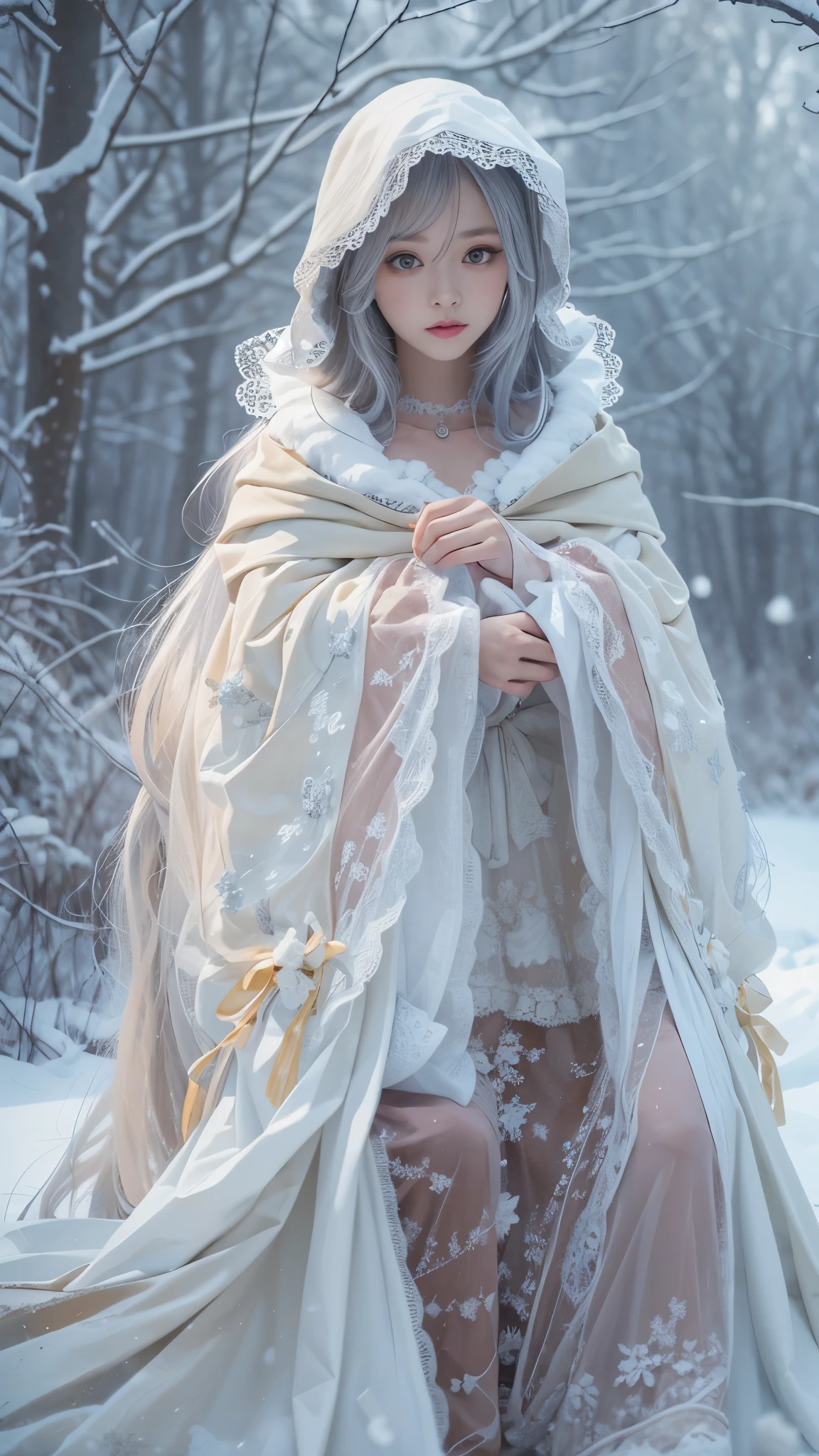 (8k, RAW photos, Best quality, masterpiece:1.2),(Realistically, Shoot real:1.4)
Lolita clothing,Lace, Iris Gainsborough, sit on the floor,(Cloak,external,Covered with snow,Snowfield) high quality, High Detail Skin, Looking at the audience,