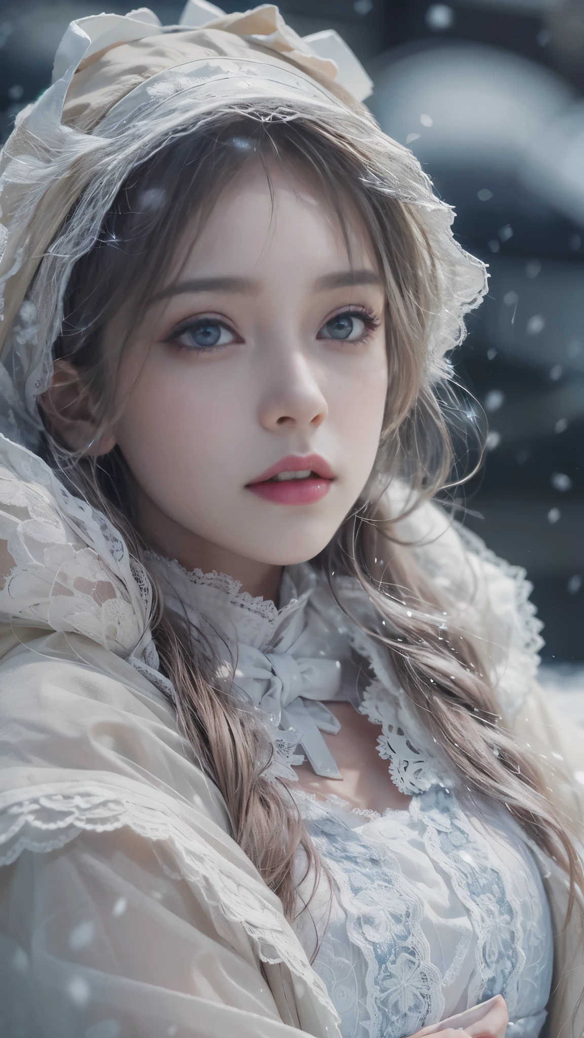 (8k, RAW photos, Best quality, masterpiece:1.2),(Realistically, Shoot real:1.4)
Lolita clothing,Lace, Iris Gainsborough, sit on the floor,(Cloak,external,Covered with snow,Snowfield) high quality, High Detail Skin, Looking at the audience,