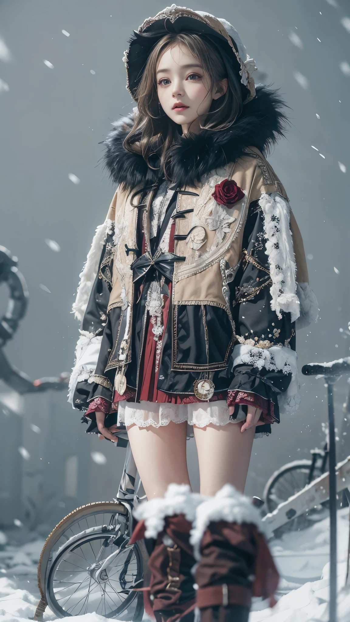 （8k， RAW photos， Best quality， masterpiece：1.2），（Realistically， Shoot real：1.4)
Lolita clothing，Lace， Iris Gainsborough， sit on the floor，(Cloak，external，Covered with snow，Snowfield) high quality， High Detail Skin， Looking at the audience，