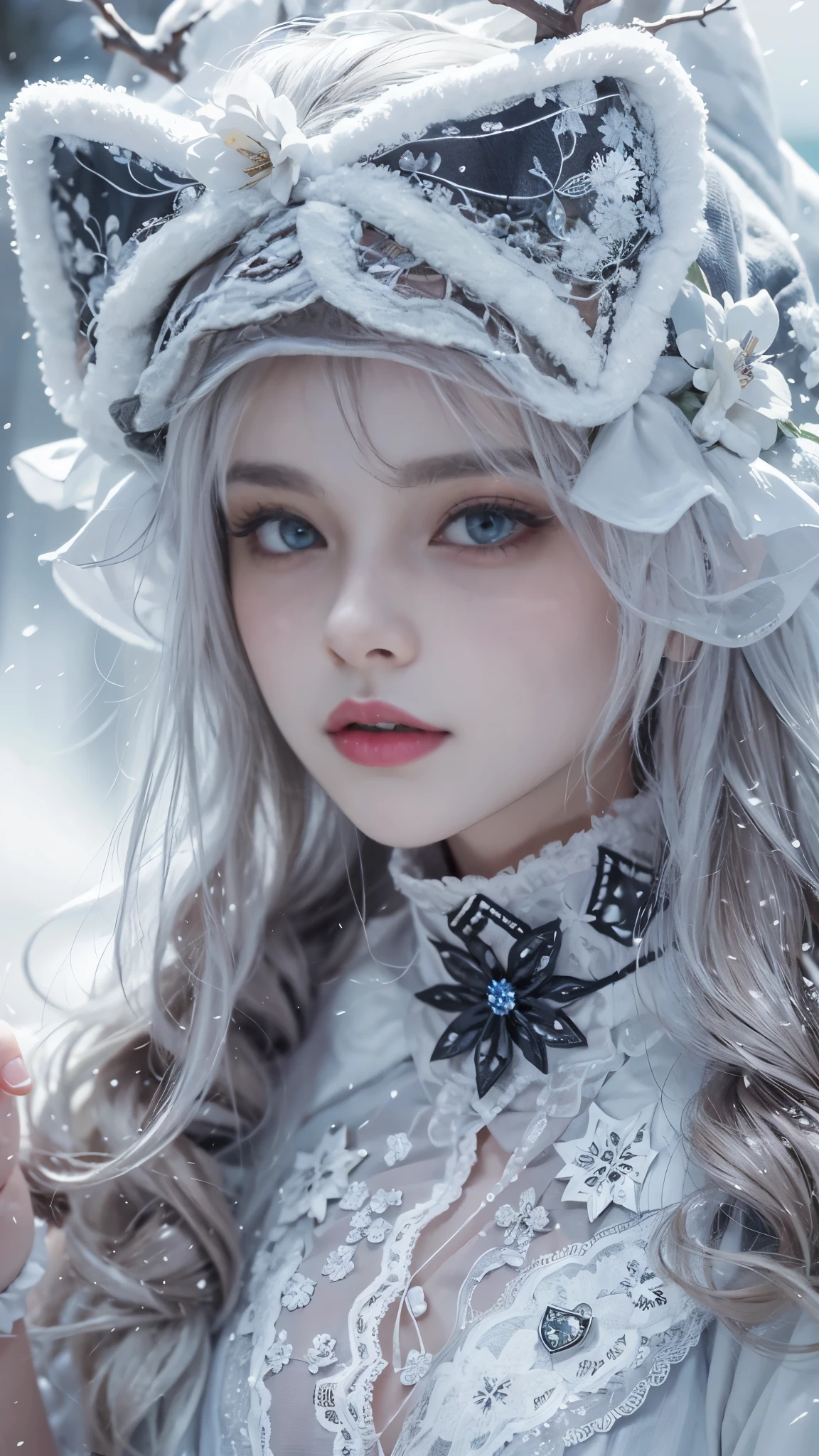 (8k, RAW photos, Best quality, masterpiece:1.2),(Realistically, Shoot real:1.4)
ta clothing,Lace, Iris Gainsborough, sit on the floor,(Cloak,external,Covered with snow,Snowfield) high quality, High Detail Skin, Looking at the audience,