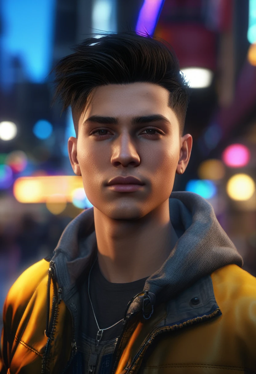 Unreal Engine: 1.4, CG 64K Ultra-realistic, Photorealistic: 1.4, Skin Texture: 1.4, Masterpiece: 1.4, Portrait Unreal Engine: 1.4, CG 64K Ultra-realistic, Photorealistic: 1.4, Skin Texture: 1.4, Masterpiece: 1.4, Closeup shot :1.4, young man, cyberpunk style clothing, jeans, colorful and striking cyberpunk style clothing, background lighting of the city with warm and vivid colors at night, ((32k Photo)) HDR, super realistic, raw quality, (Hyperrealistic style details, vivid colors: 1.3, dark night sky, cyberpunk buildings, beautiful composition.