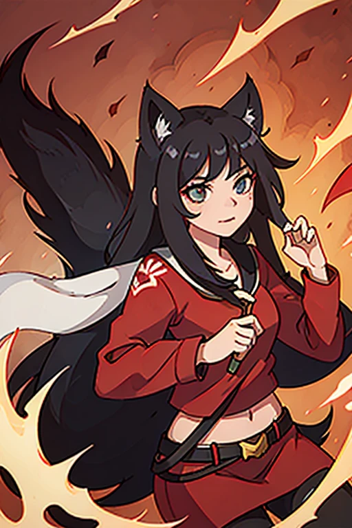 ahri,black hair,red cloth and black cloth with shirt fox ears and fox tail