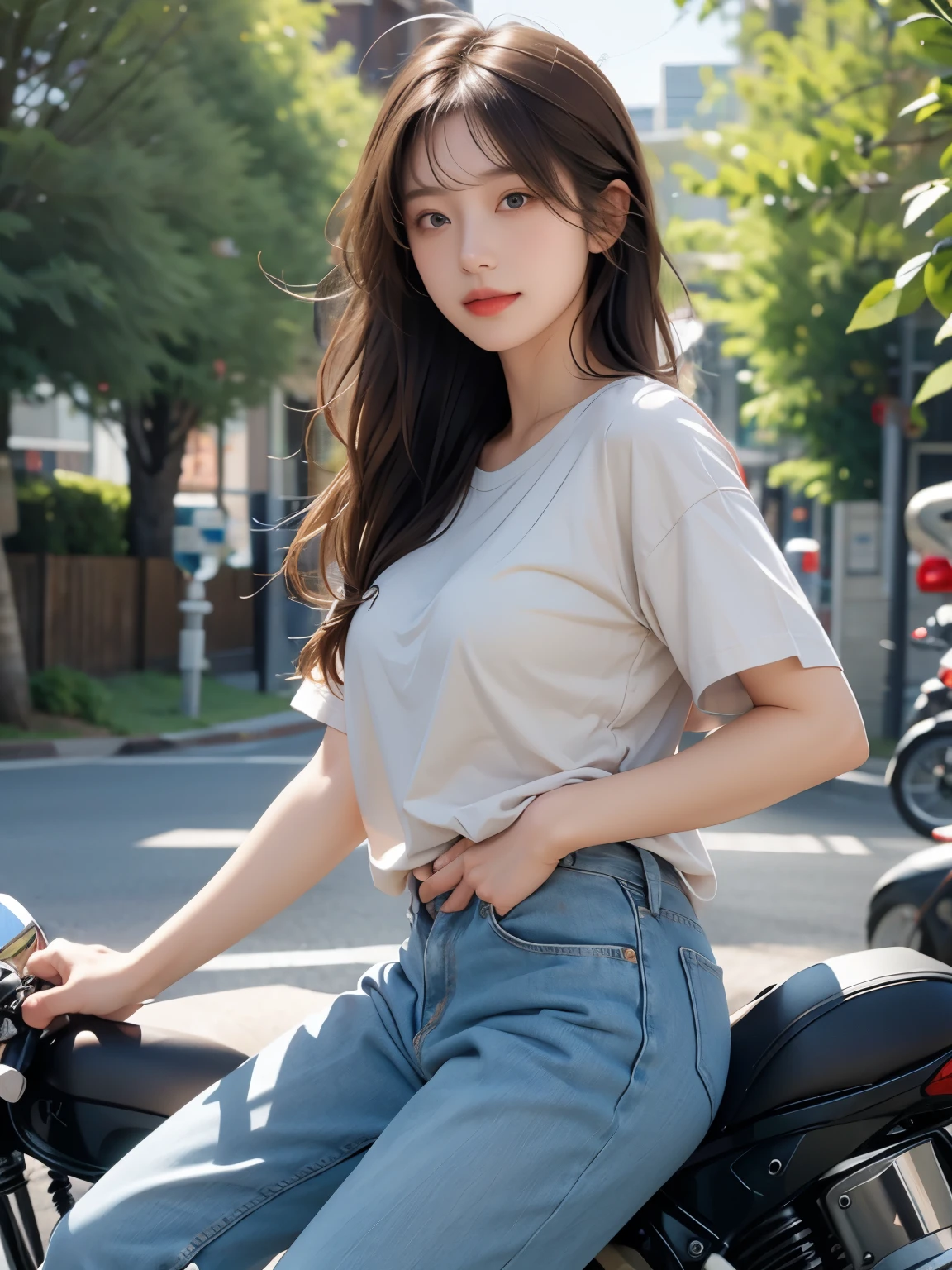(masterpiece:1.3), (8k, Realistic, RAW Photos, highest quality:1.4), (Realistic face), (Blonde, Braided hair:1.3), Beautiful hairstyle, Realistic eyes, Beautiful small blue eyes, (Realistic skin), (Beautiful Skin), (((Riding a motorcycle outdoors))), charm, Ultra-high resolution, Surreal, Golden Ratio, Long limbs、((smile)), ((full body shot)), ((((Dark brown short-sleeved shirt))))、((Jeans and sneakers))