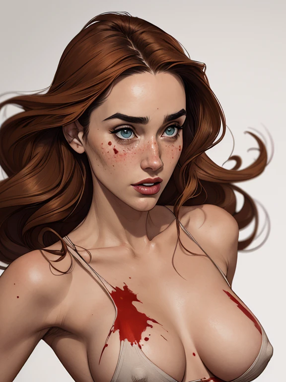 Character style illustration style Completely bare breasts showing small fear Breast size Cartoon name: Isabella Cruz white background medium breasts freckled face Jennifer Connelly actress strong contours Physical description - long straight hair, tingidos de um marrom vibrante que contrasta com sua pele clara. - You reflect a mix of curiosity and determination. - Ela tem uma estatura alta, with a slender and agile figure, evidenciando sua agilidade e destreza. -fundo colorido Design de personagens de retrato, beautiful digital illustration, retrato de alta qualidade, Arte em quadrinhos, Corpo inteiro sensualizando ou pelada. folha de retorno. return sheet member clothes of the day hell day expression of hate and blood on the face