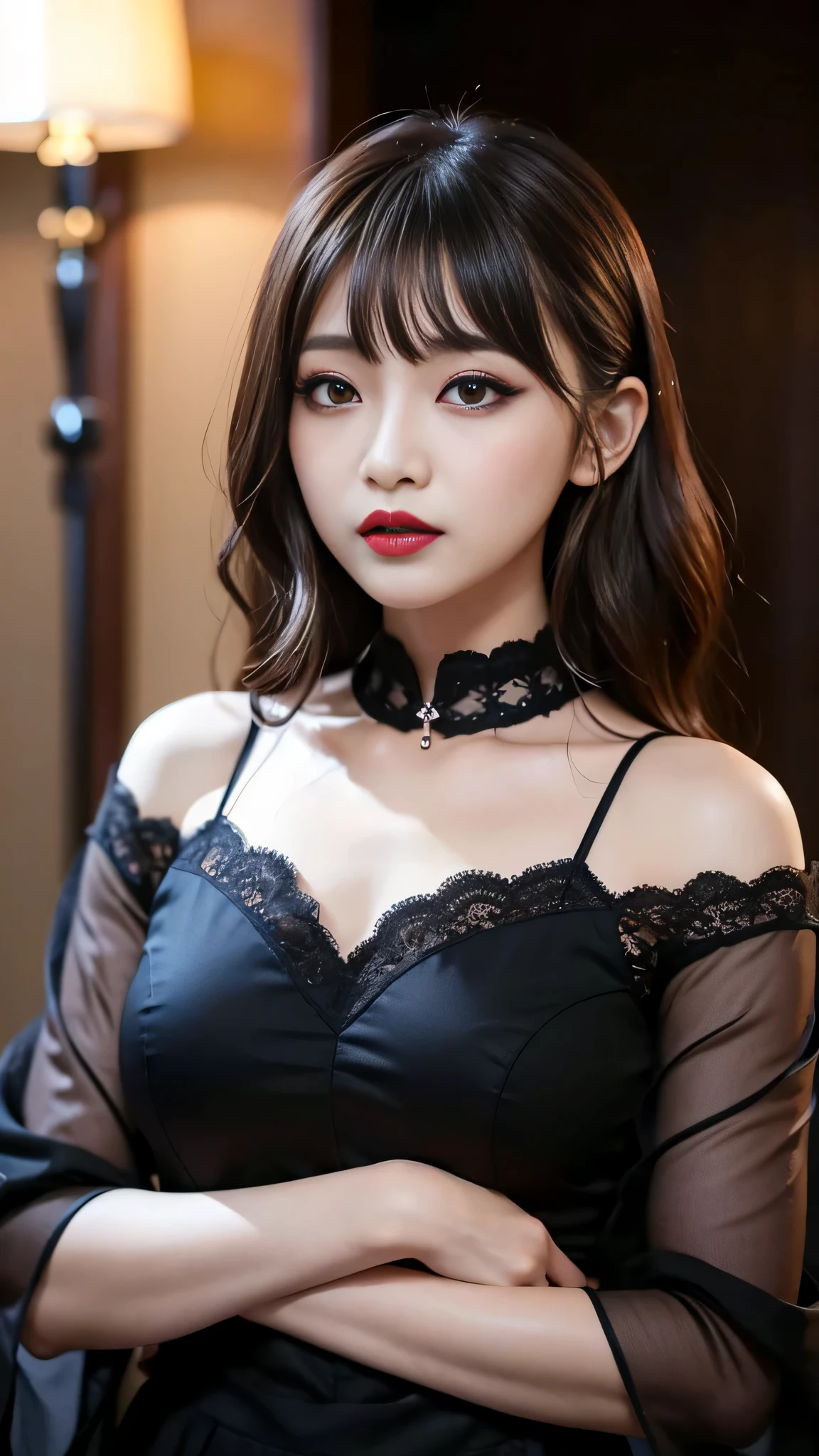 tra-detailed、Japanese、Attractive beauty、seductive adult woman、Pretty Woman、cool girl、brown hair、wavy hair、swept bangs、piercing eyes、hollow eyes、half-closed eyes、Hollow Eyes、Purple Eyeshadow、black lipstick、black lip gloss、dark makeup、smirk、Whisper in my ear、Evil expression、Long Black Cheongsam、Black wide sleeves、Evil cadres、Fallen into evil、brainwash、mind control、evil、Church at night、Swear allegiance、Have lipstick、Are standing