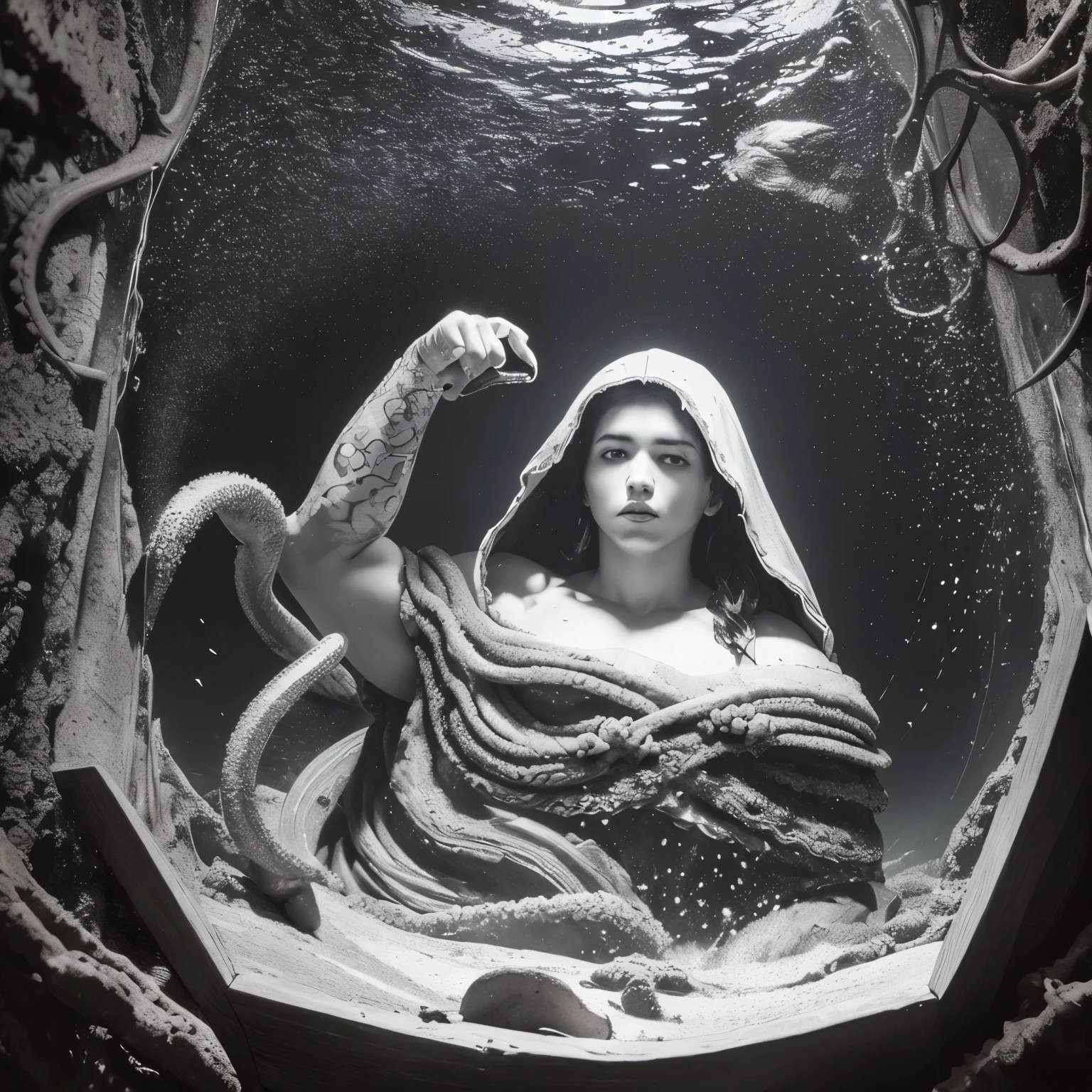 (extremadamente detallado, obra maestra, La mejor calidad), Estilo oscuro, intense illumination, rostro con arrugas, mujer crucificada, tentacle, monstruoso, interior de una piscina de agua, imagen submarina, alien con Colmillos finos. manchas de tinta. Rococo composition. Luz de caravaggio
