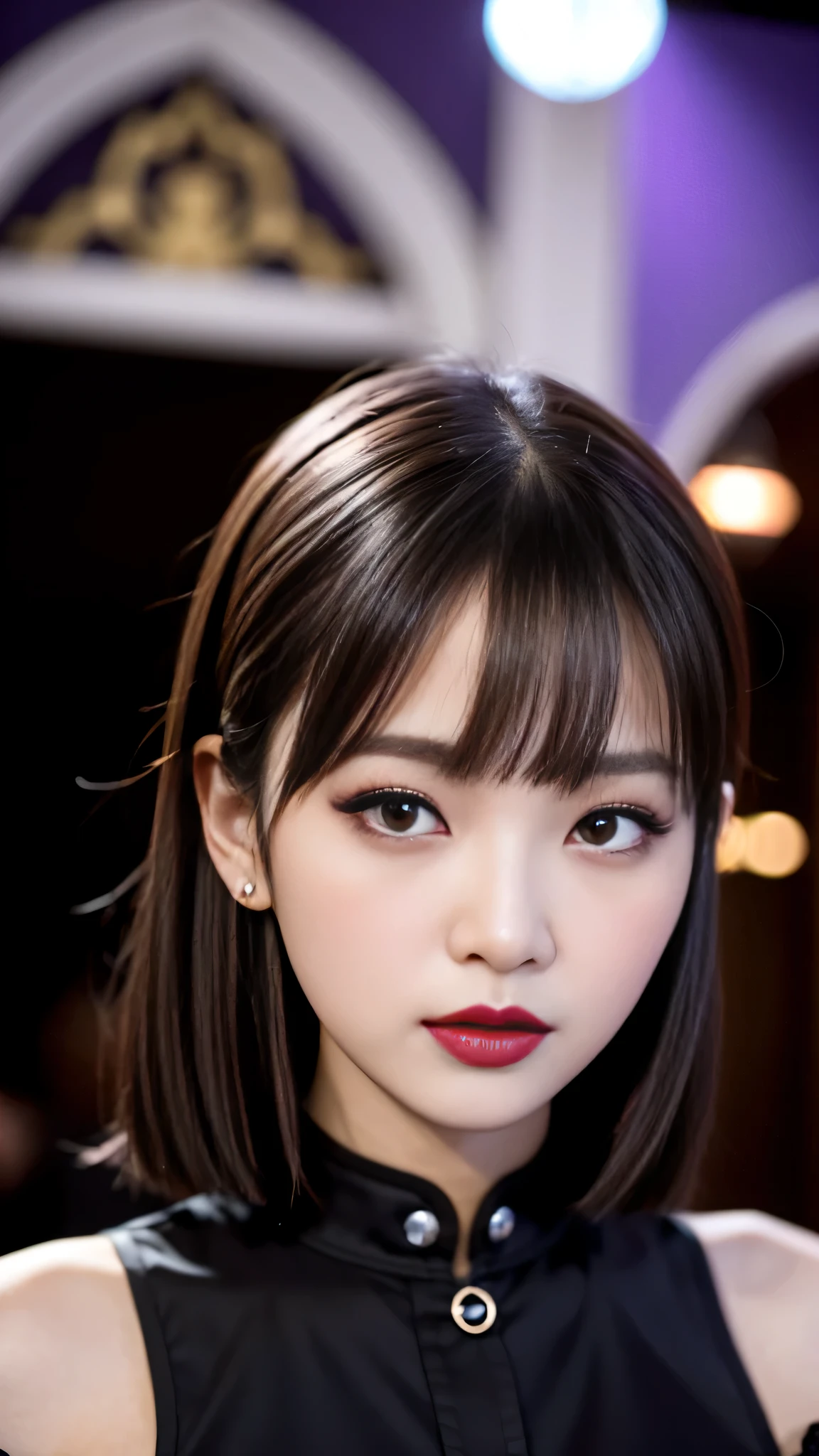 tra-detailed、Japanese、Attractive beauty、seductive adult woman、Pretty Woman、cool girl、brown hair、wavy hair、swept bangs、piercing eyes、hollow eyes、half-closed eyes、Hollow Eyes、Purple Eyeshadow、black lipstick、black lip gloss、dark makeup、smirk、Whisper in my ear、Evil expression、Long Black Cheongsam、Black wide sleeves、Evil cadres、Fallen into evil、brainwash、mind control、evil、Church at night、Swear allegiance、Have lipstick、Are standing