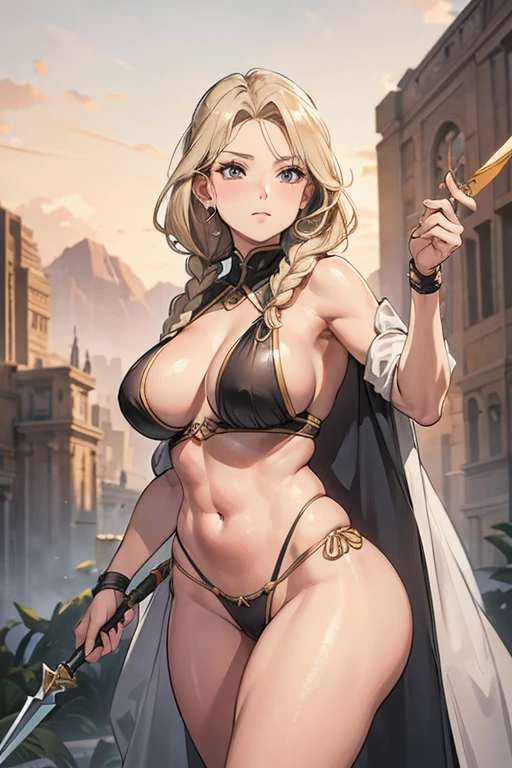 milf amazon woman with a greyish blond thick plait braid hairstyle holding a spear, toned body, triangular face, pronounced cheekbones, adult face, latina, standing tall