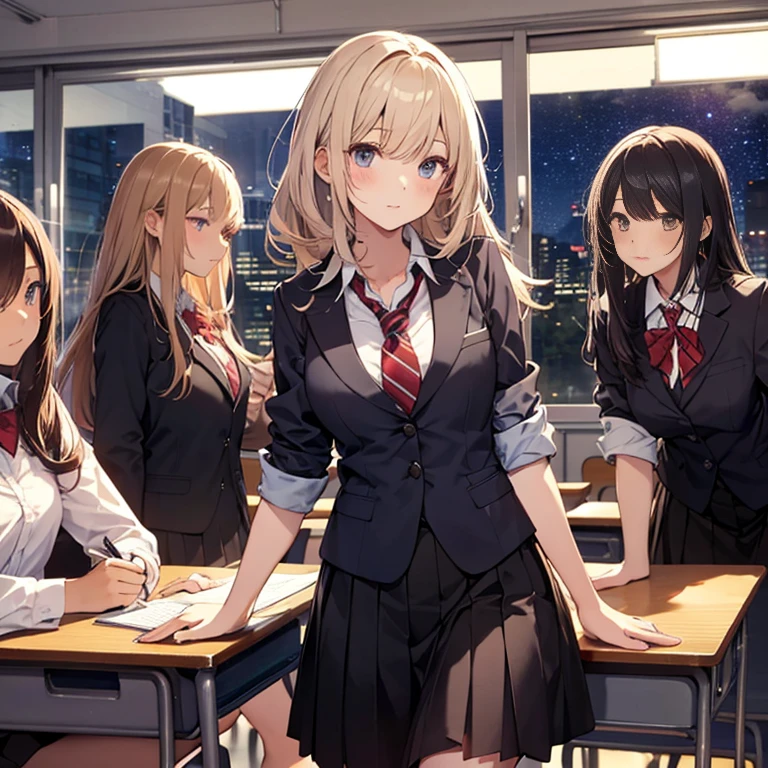 A group of female students, (in classroom), various hair styles, harem , night, details face, , short skirt, seducing, night, starry nights, school attires