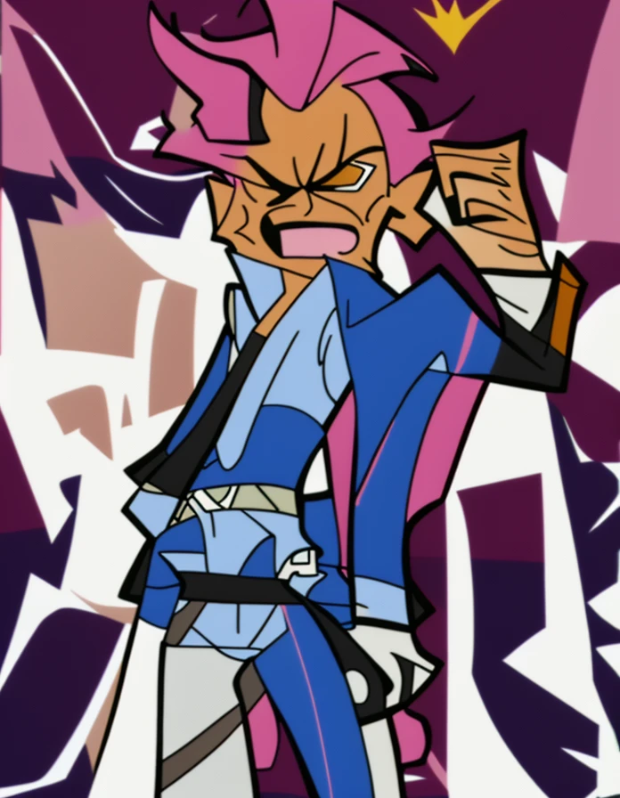 masterpiece, best quality, high quality, 1boy, solo, male focus, looking at viewer, upper body, Scott Peterson, pink hair, hair two side up, two-tone hair, angry screaming, Blue Techwear Jacket , Brown Pant, Style of Panty and Stocking