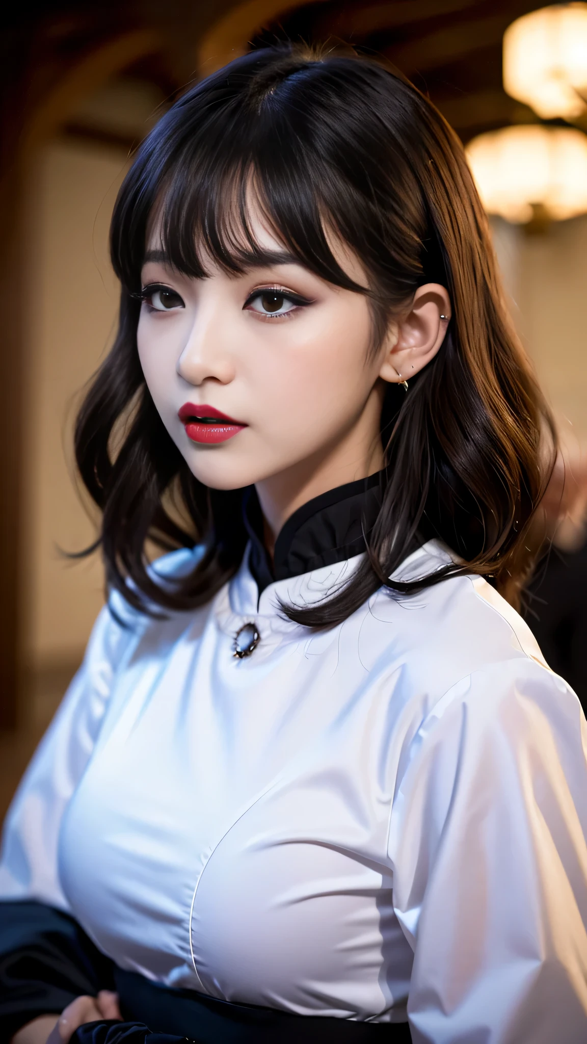 tra-detailed、Japanese、Attractive beauty、seductive adult woman、Pretty Woman、cool girl、brown hair、wavy hair、swept bangs、piercing eyes、hollow eyes、half-closed eyes、Hollow Eyes、Purple Eyeshadow、black lipstick、black lip gloss、dark makeup、smirk、Whisper in my ear、Evil expression、Long Black Cheongsam、Black wide sleeves、Evil cadres、Fallen into evil、brainwash、mind control、evil、Church at night、Swear allegiance、Have lipstick、Are standing