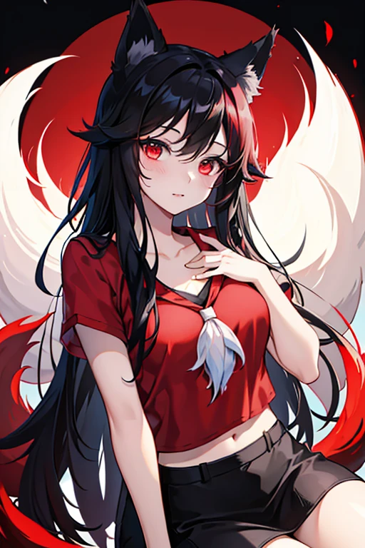 ahri,black hair,red cloth and black cloth with shirt fox ears and fox tail