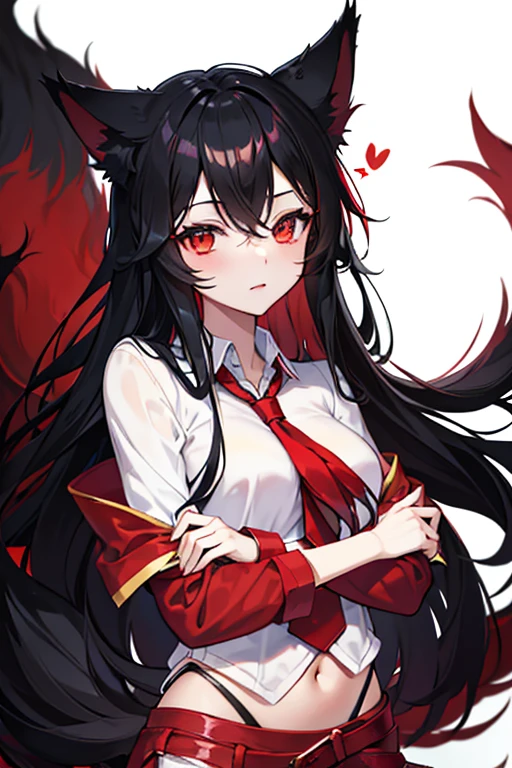 ahri,black hair,red cloth and black cloth with shirt fox ears and fox tail