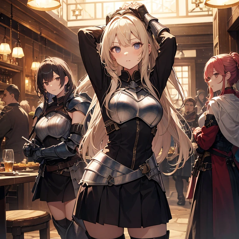 A group of young female knight, (in tavern), various hair styles, harem, wearing armored clothes, metal armor, night, details face, , short skirt, seducing, sword, sleeveless , showing armpits, night, starry night 