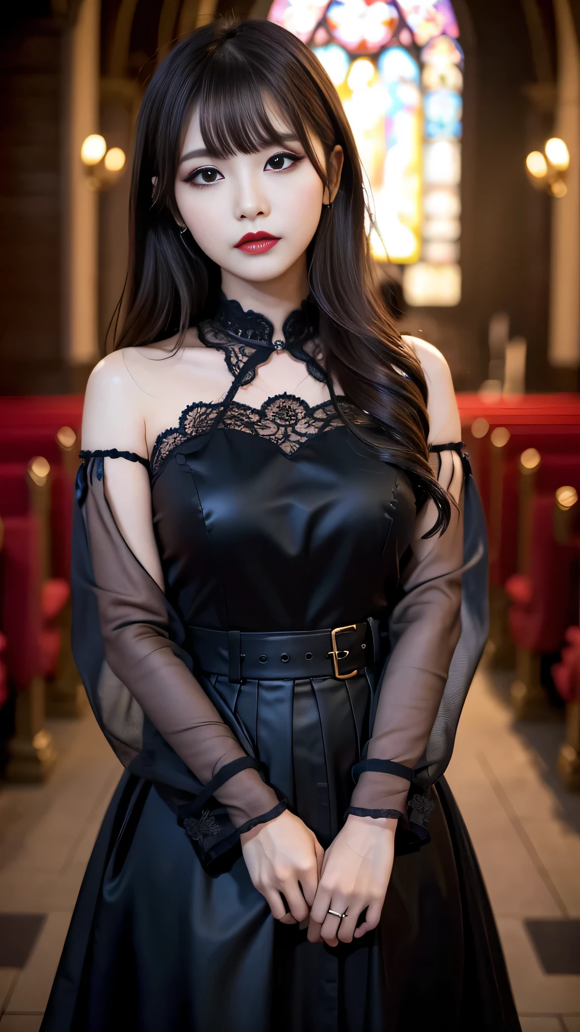 tra-detailed、Japanese、Attractive beauty、seductive adult woman、Pretty Woman、cool girl、brown hair、wavy hair、swept bangs、piercing eyes、hollow eyes、half-closed eyes、Hollow Eyes、Purple Eyeshadow、black lipstick、black lip gloss、dark makeup、smirk、Whisper in my ear、Evil expression、Long Black Cheongsam、Black wide sleeves、Evil cadres、Fallen into evil、brainwash、mind control、evil、Church at night、Swear allegiance、Have lipstick、Are standing